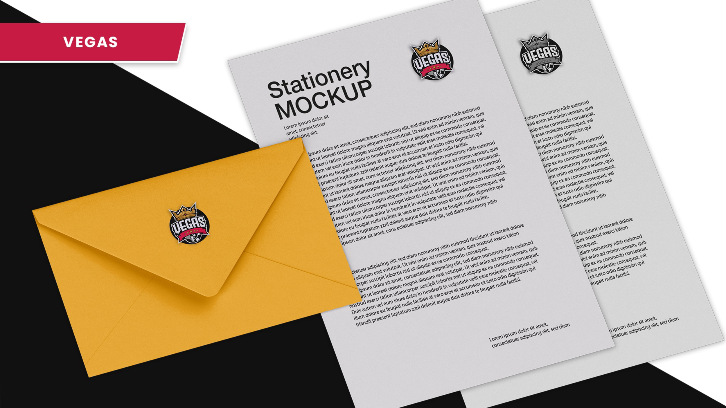 Mockup of stationery items including a white sheet of paper titled 'Stationery MOCKUP' with placeholder text, a white envelope with a logo that says 'VEGAS,' and a gray envelope with a logo. The logos feature a crown and sports theme.