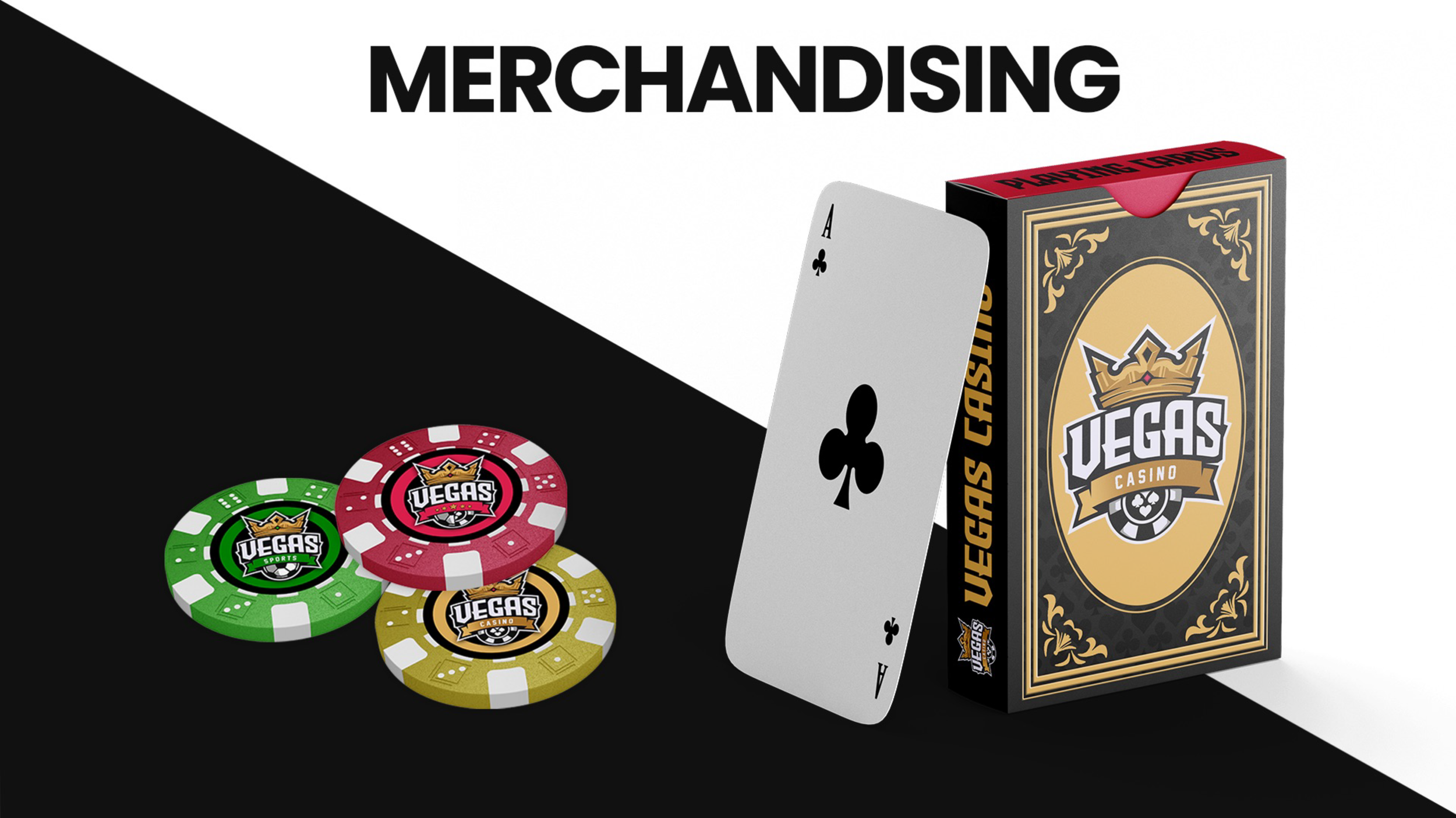 Multiple poker chips in green, red, yellow, and black with Vegas Casino logo, playing cards, and a box of Vegas Casino merchandise on a black and white background.