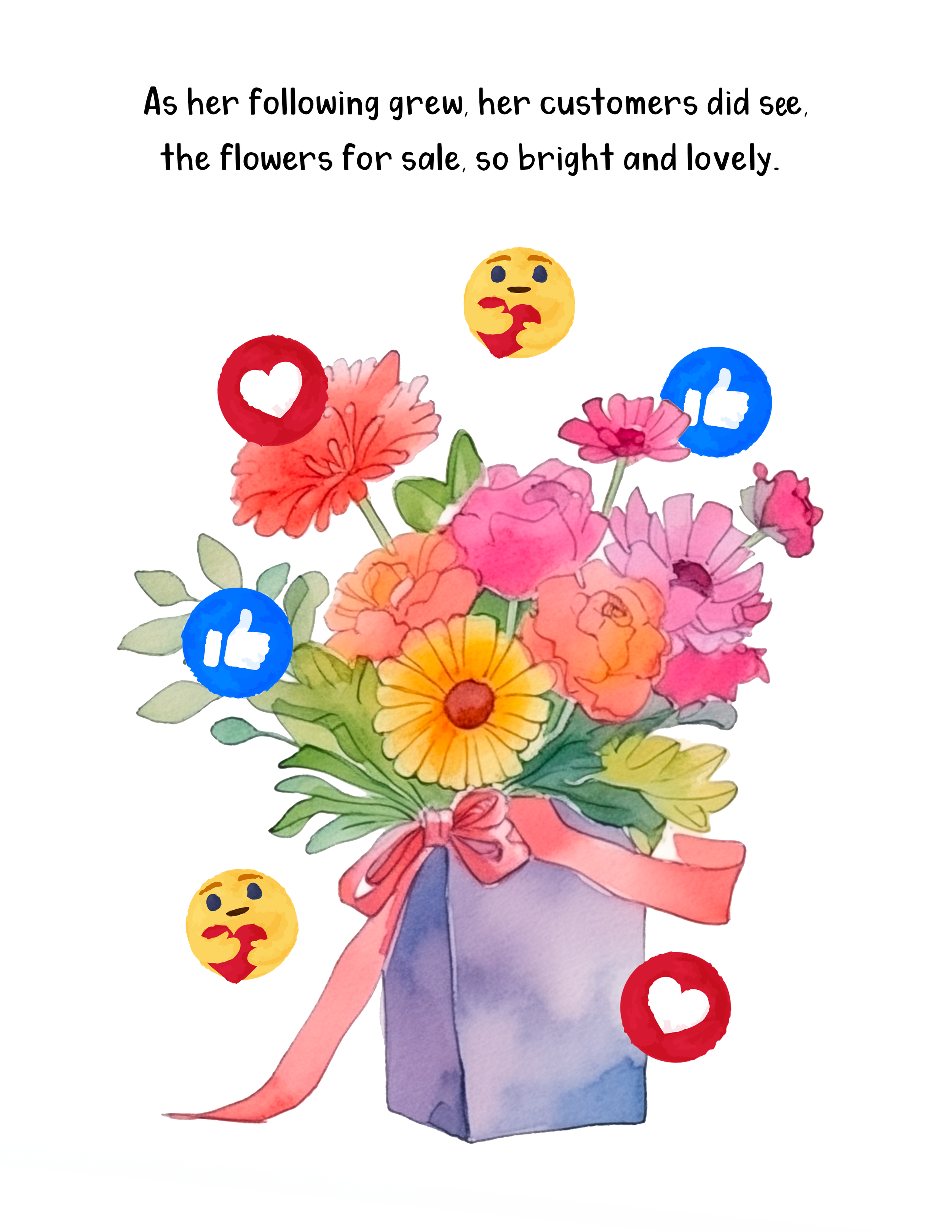 A bouquet of colorful flowers in a purple paper wrapping with a pink ribbon, surrounded by 'like' and 'love' social media icons and emoji faces.