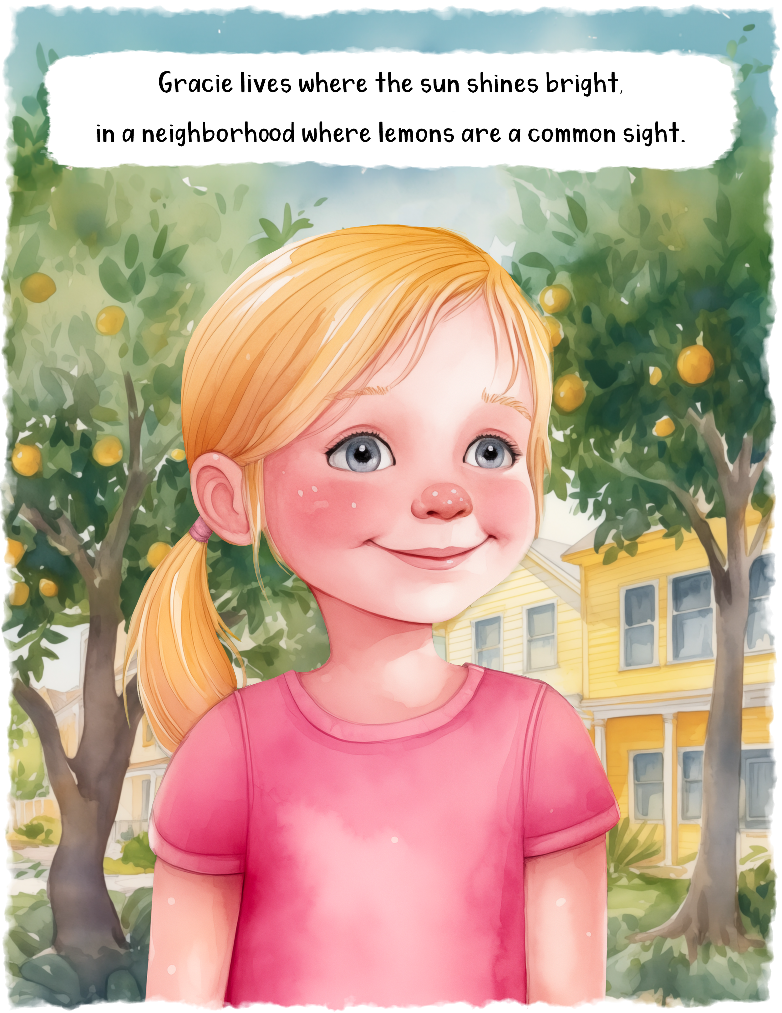 A young girl with blonde hair tied in a ponytail, wearing a pink shirt, standing outdoors in front of a yellow house with white trim, surrounded by green trees with yellow fruit.