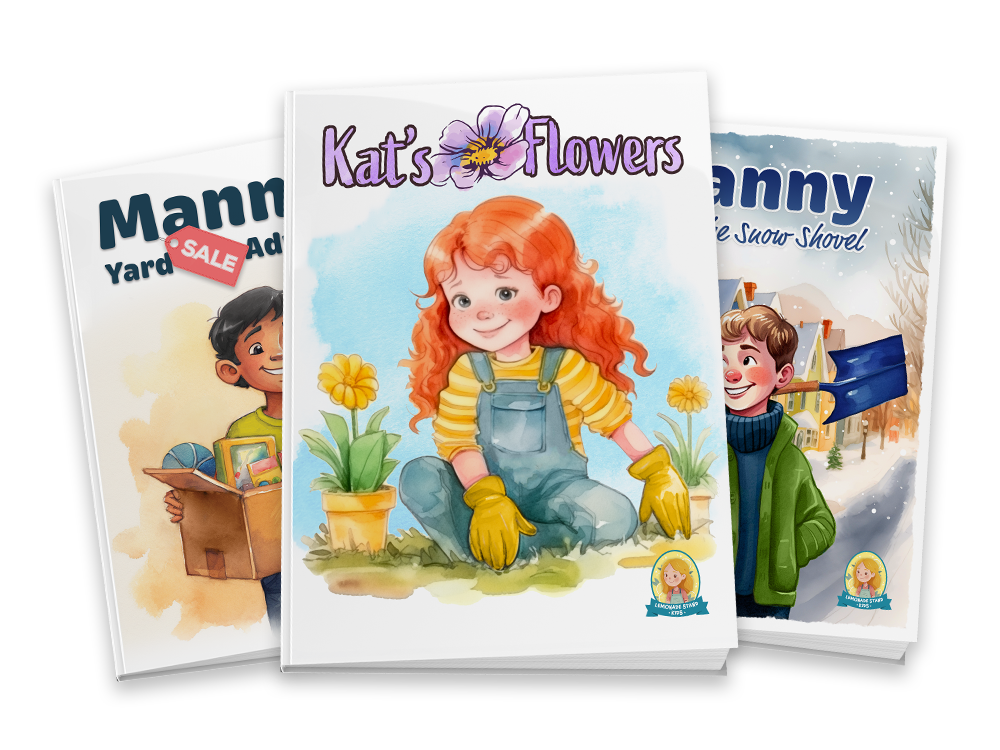 Three children's books, with the middle one titled "Kat's Flowers," featuring a girl with red hair sitting outdoors planting flowers.