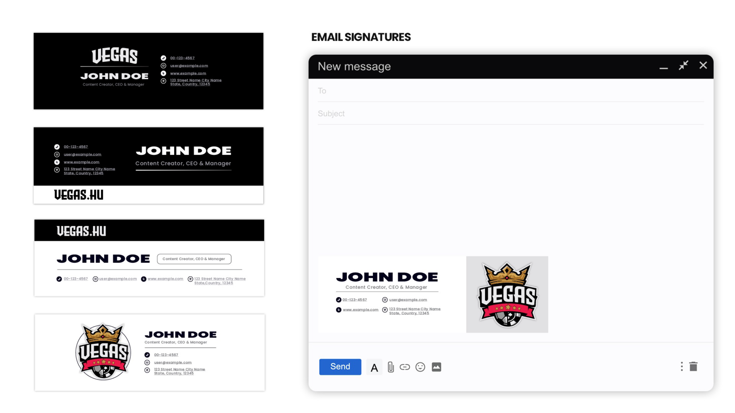 Collection of various business card designs and an email message window with an email signature template.