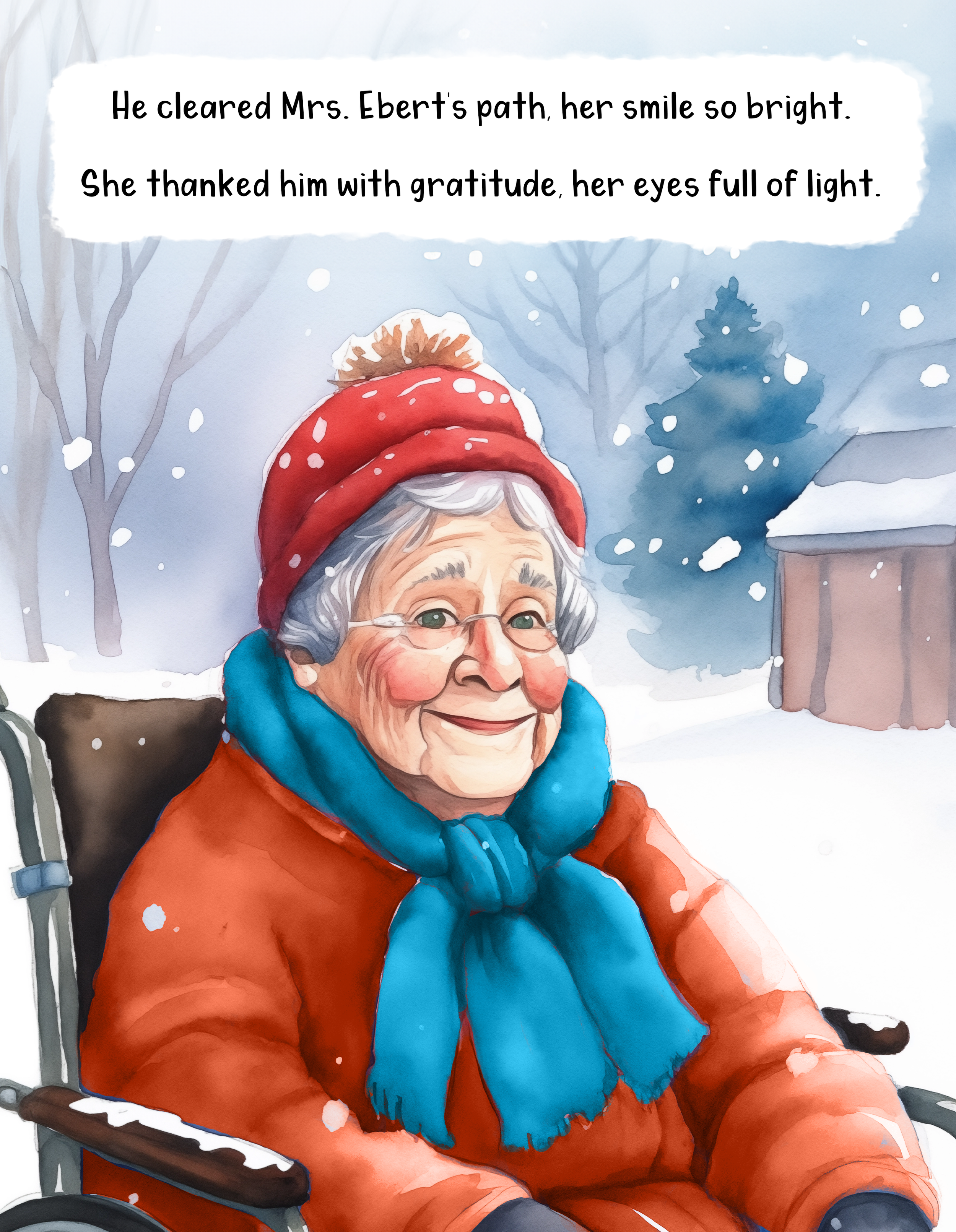 Watercolor illustration of an elderly woman with white hair, glasses, wearing an orange coat, blue scarf, and red mittens, sitting in a wheelchair outdoors in a snowy winter scene, with snow falling, trees, and a snow-covered house in the background.