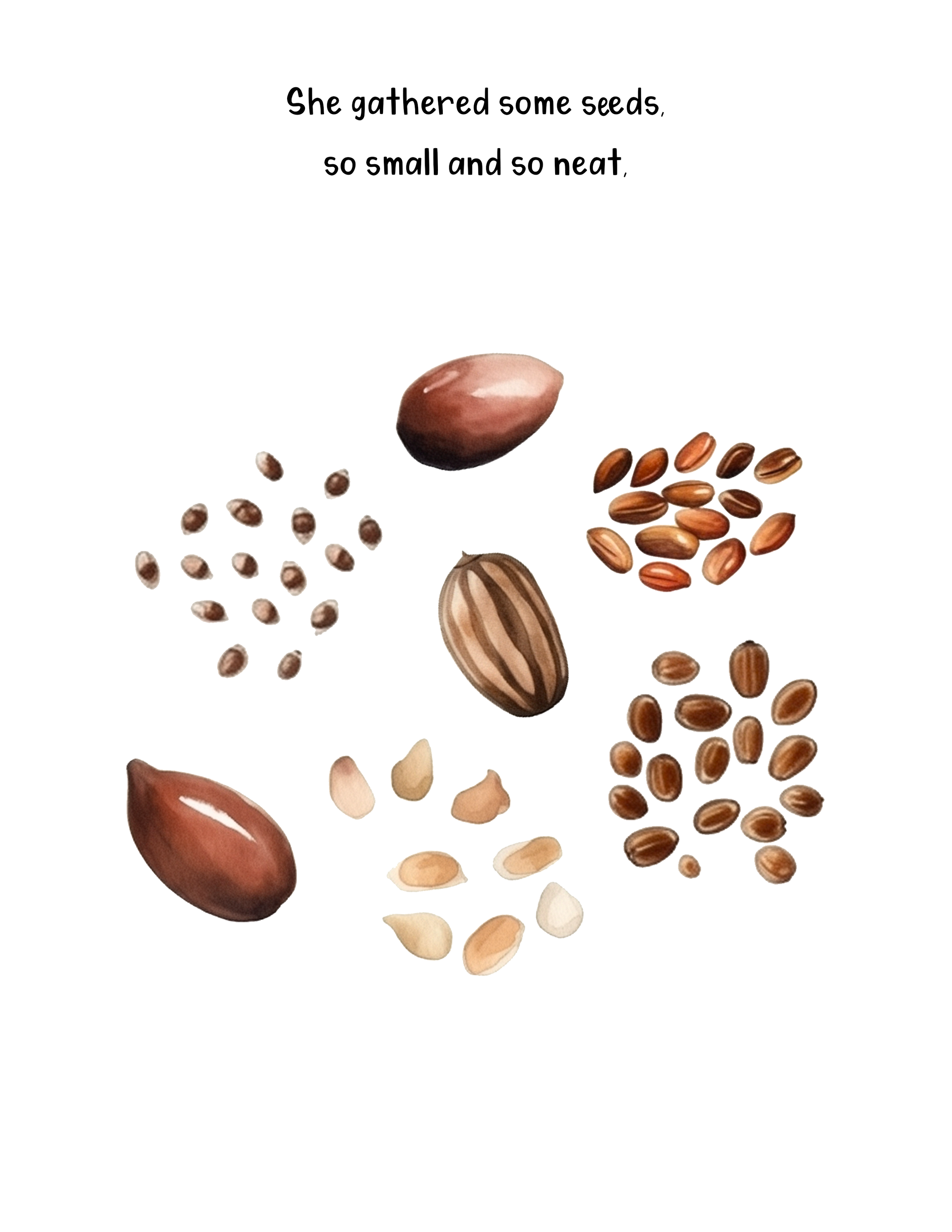 Illustration of various seeds, including a large seed, smaller seeds, and nuts, with a poem about gathering seeds.