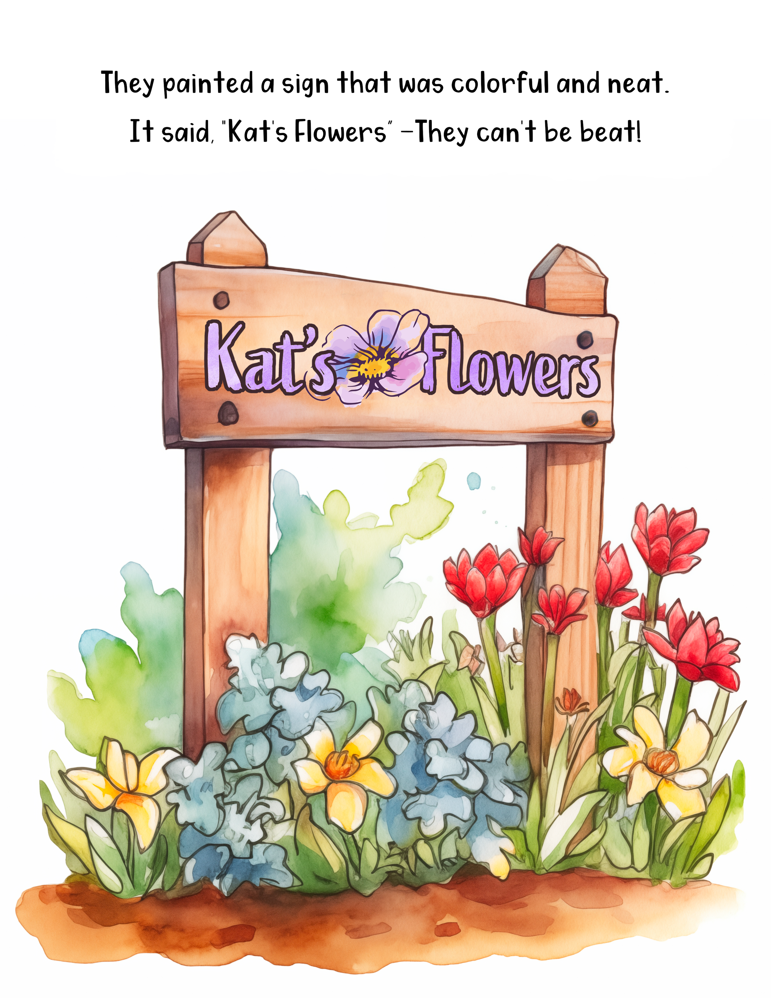 A watercolor painting of a wooden sign that reads "Kats Flowers" with a purple flower illustration in the center, surrounded by colorful flowers and greenery at the base.