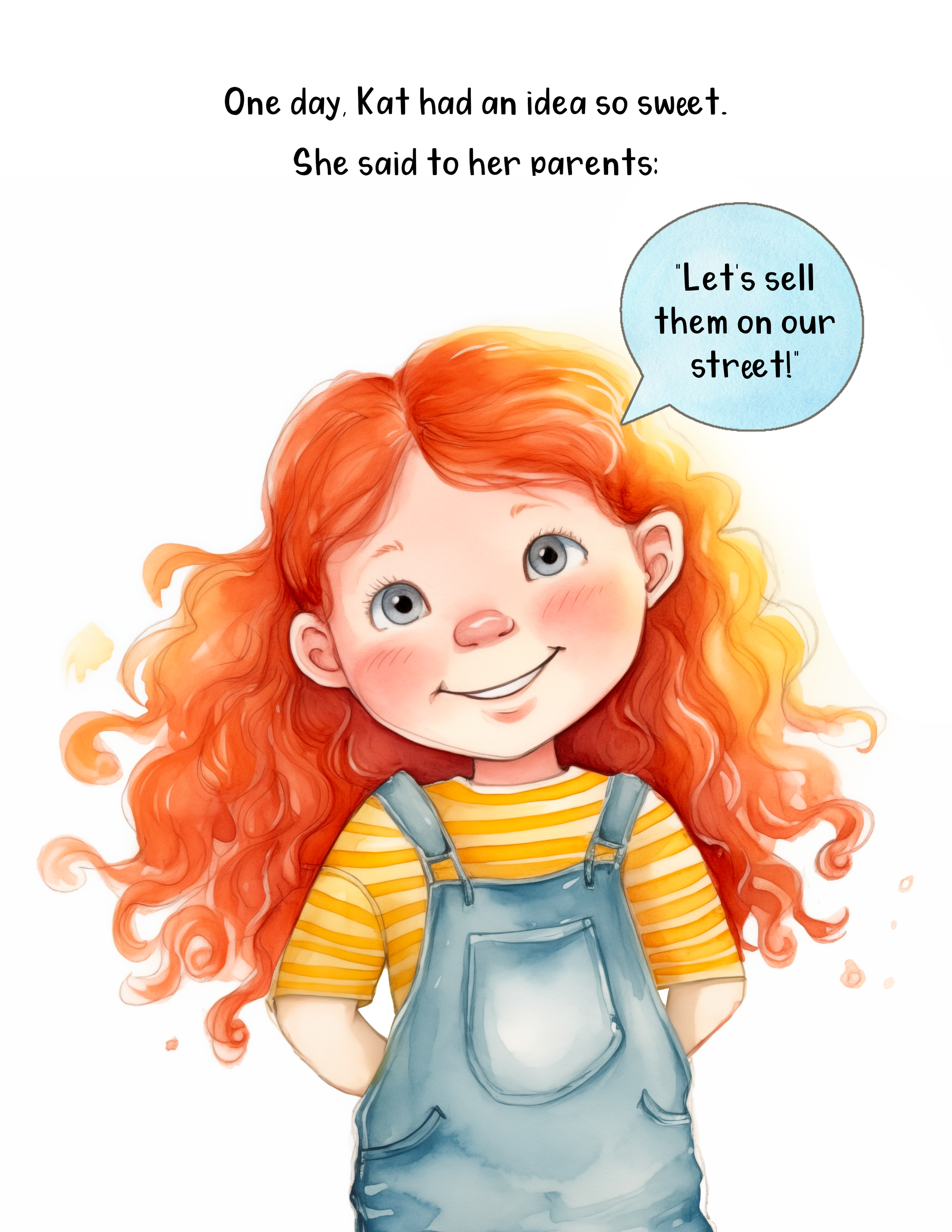 A young girl with long curly red hair, wearing a yellow and white striped shirt, blue overalls, and arms crossed. She has a cheerful expression.