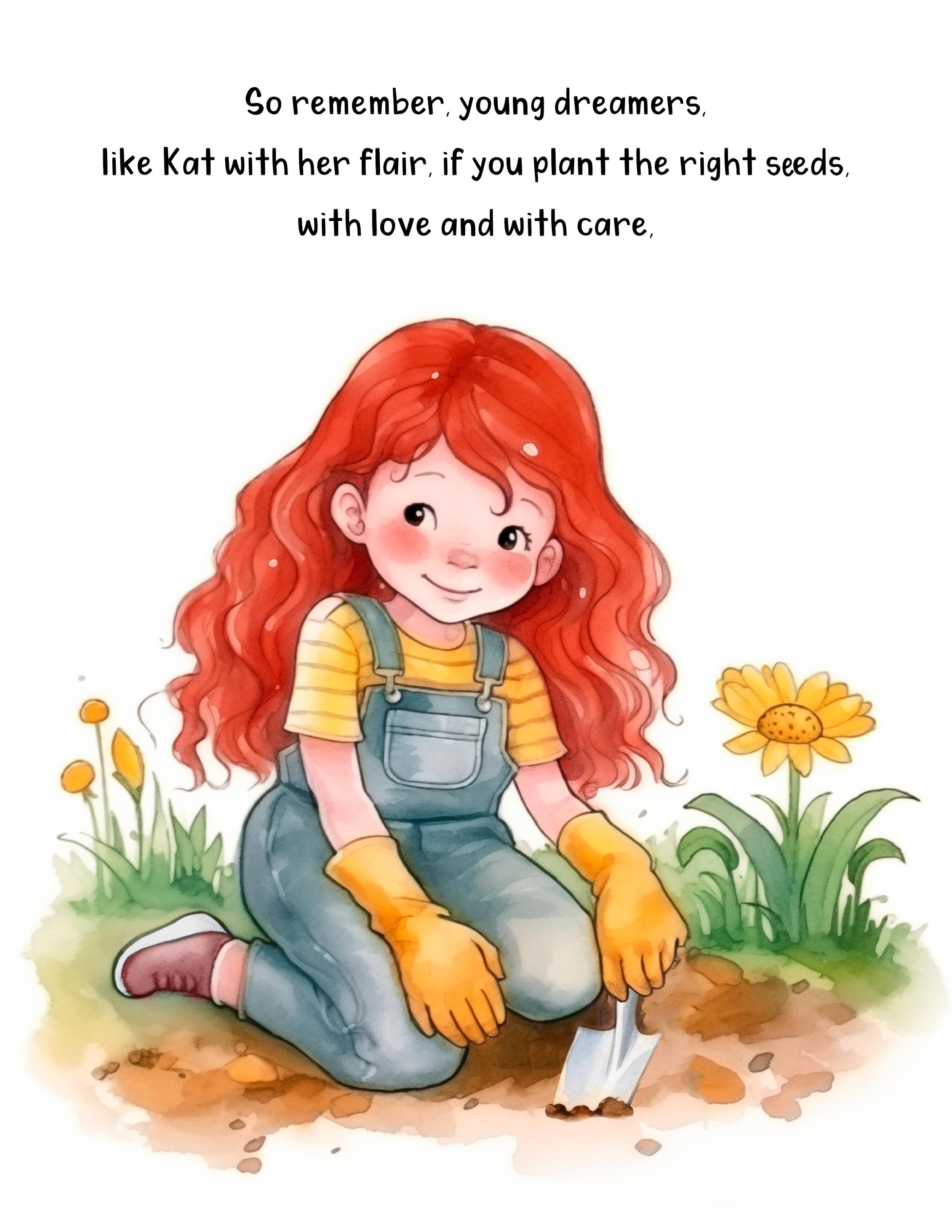 A girl with red hair, wearing yellow gloves, a striped yellow shirt, and overalls, is sitting on the ground gardening. She is smiling and holding a small trowel, surrounded by green plants and yellow flowers, with soil in the background.