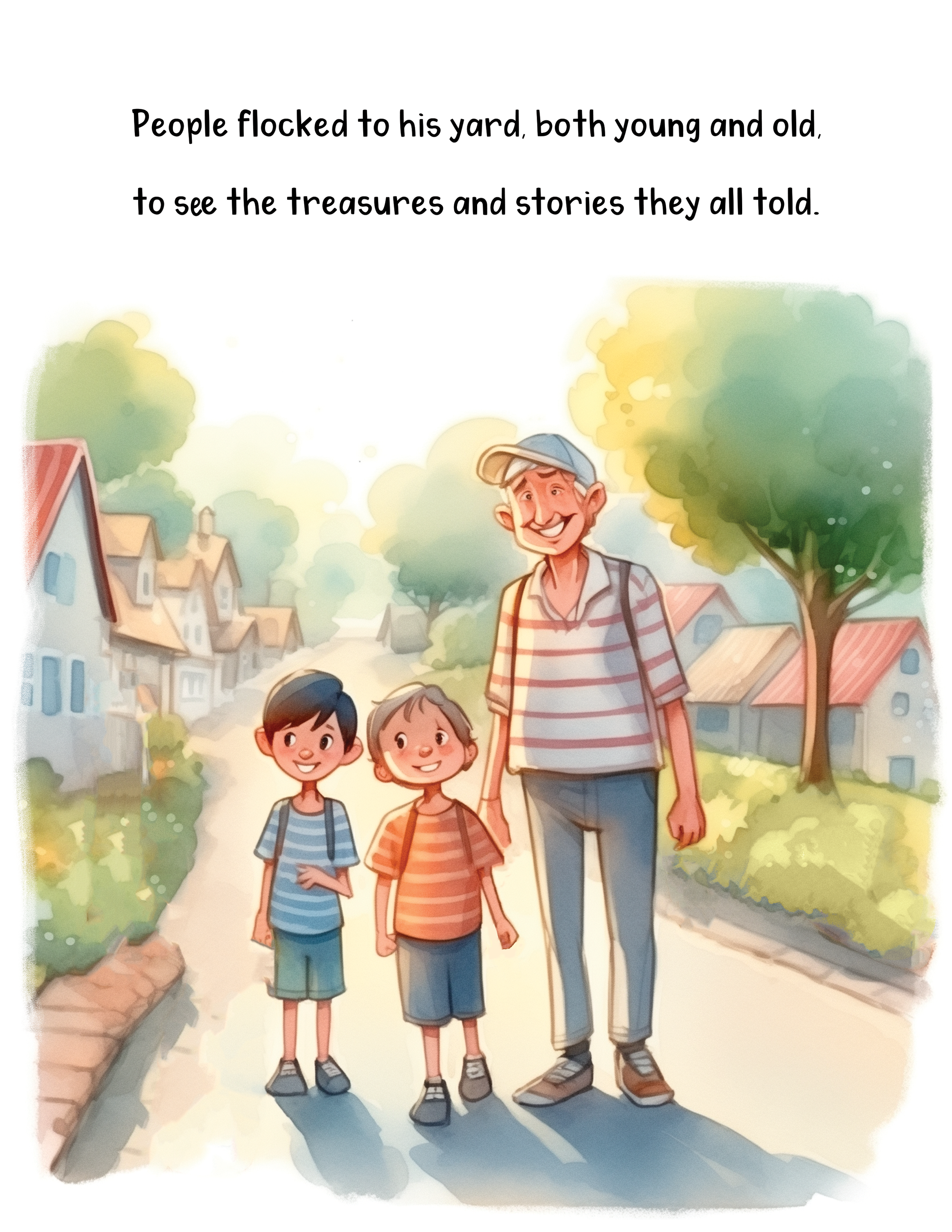 A cartoon illustration of a man walking with two children along a residential street, surrounded by trees and houses.