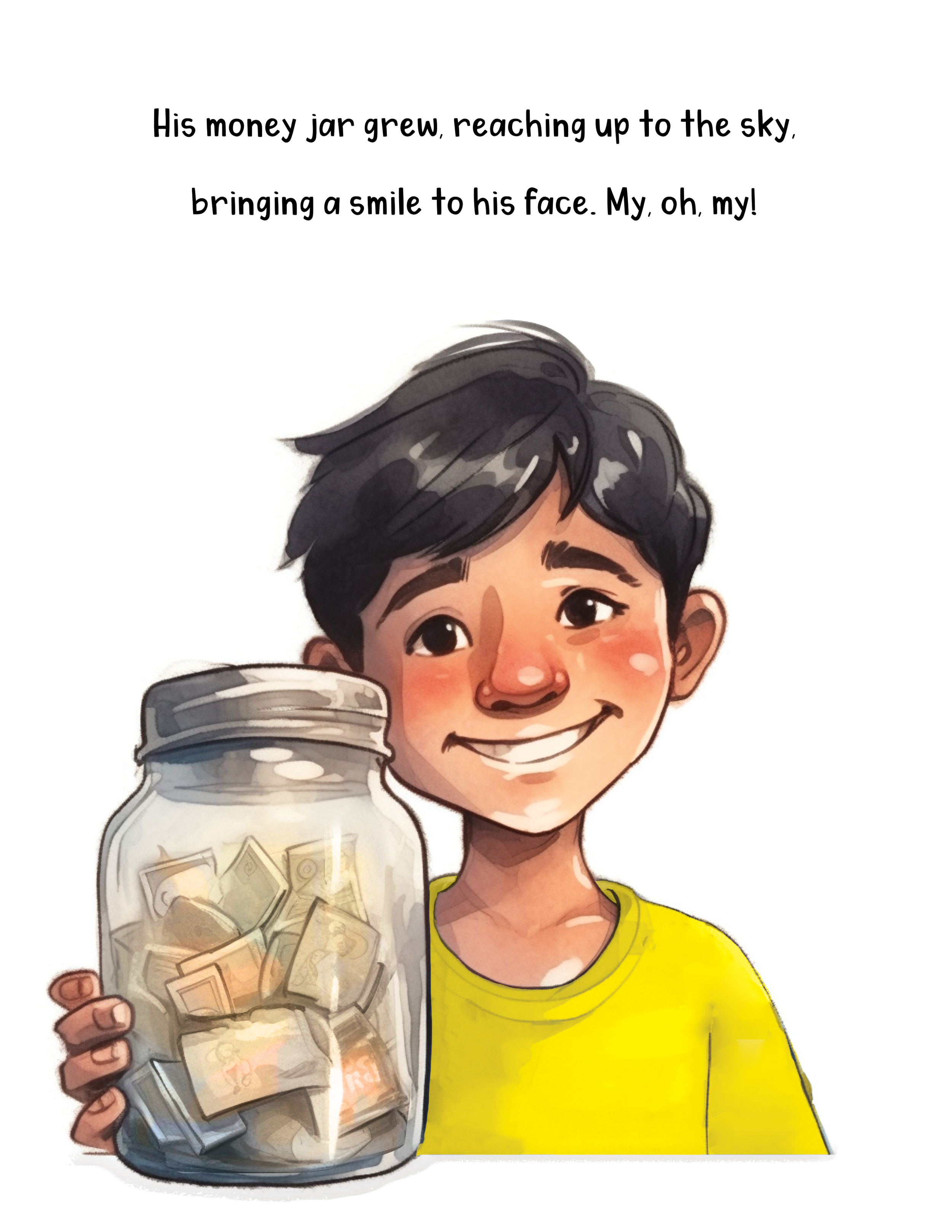 A cartoon boy with dark hair and a yellow shirt smiling while holding a jar of money filled with dollar bills.