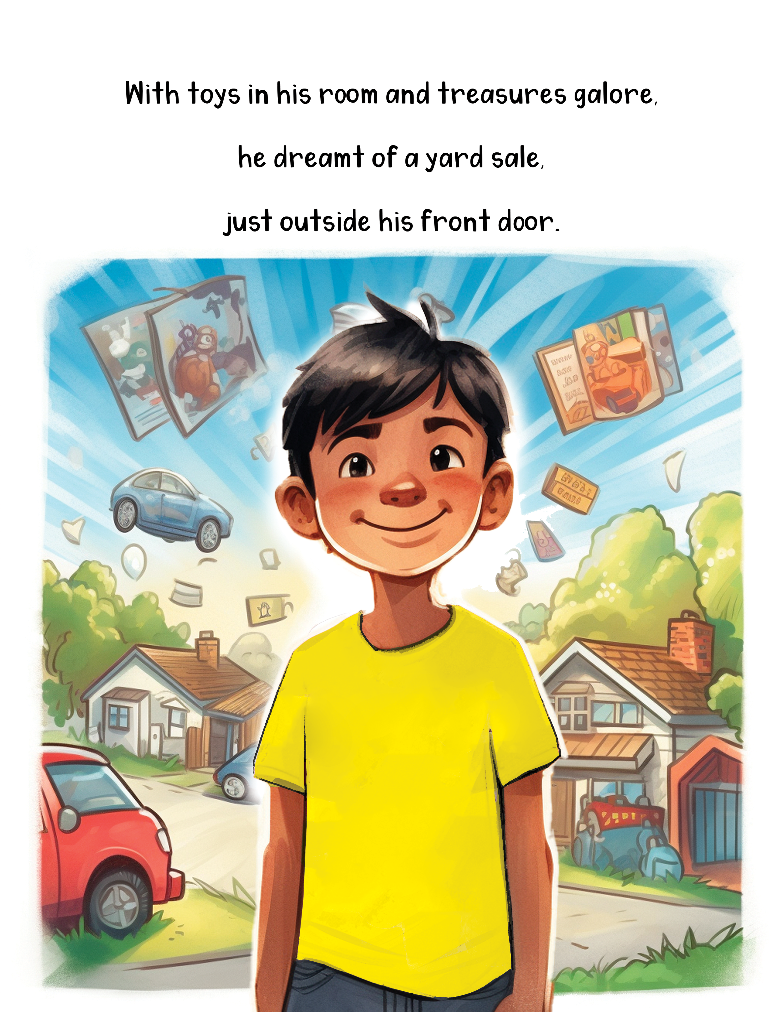 A boy wearing a yellow T-shirt and dark shorts standing outside in a neighborhood with cars parked on the street and houses with garages behind him, stylized with vibrant colors and cartoonish details.