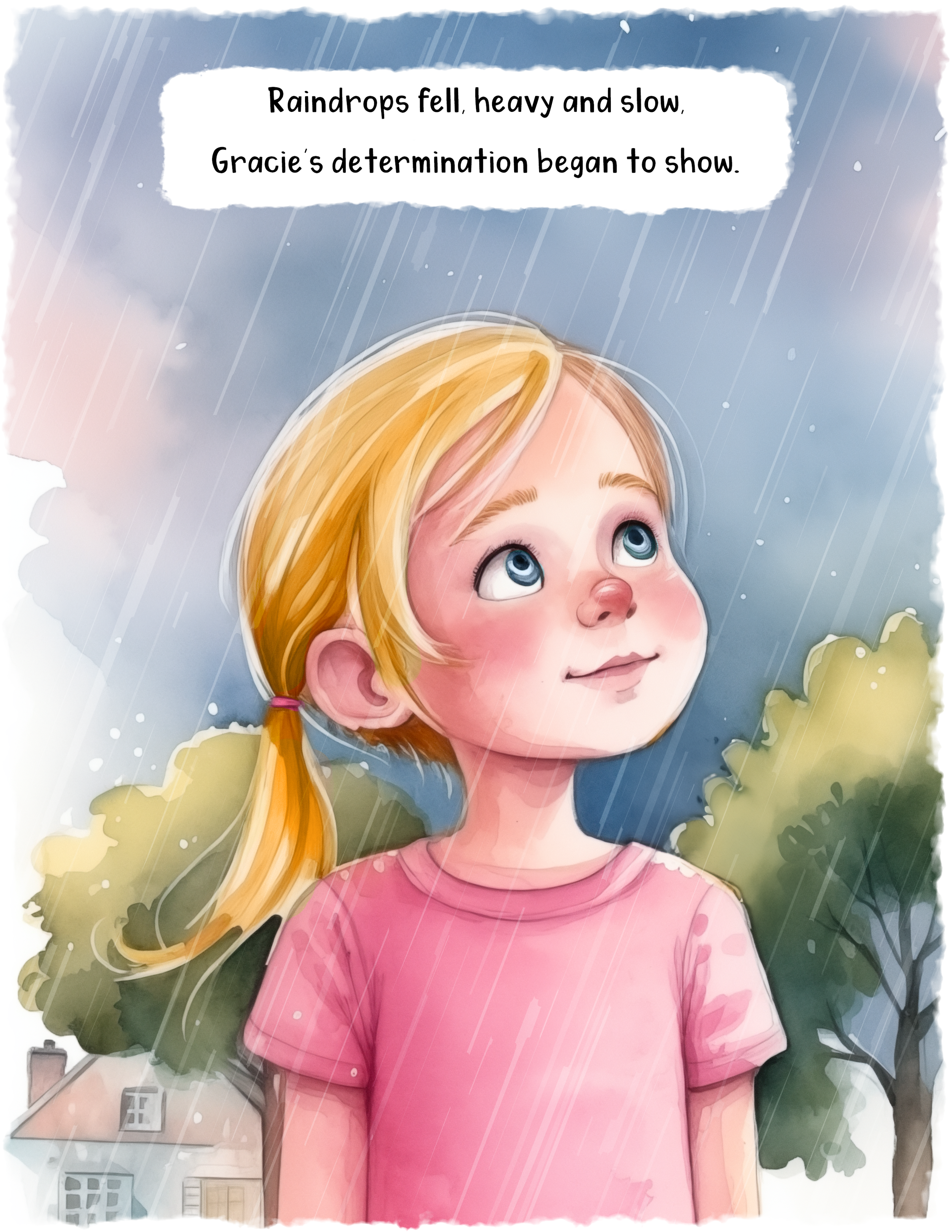 An illustrated girl with blonde hair tied in a low ponytail wearing a pink shirt standing outdoors in the rain with houses and trees in the background.