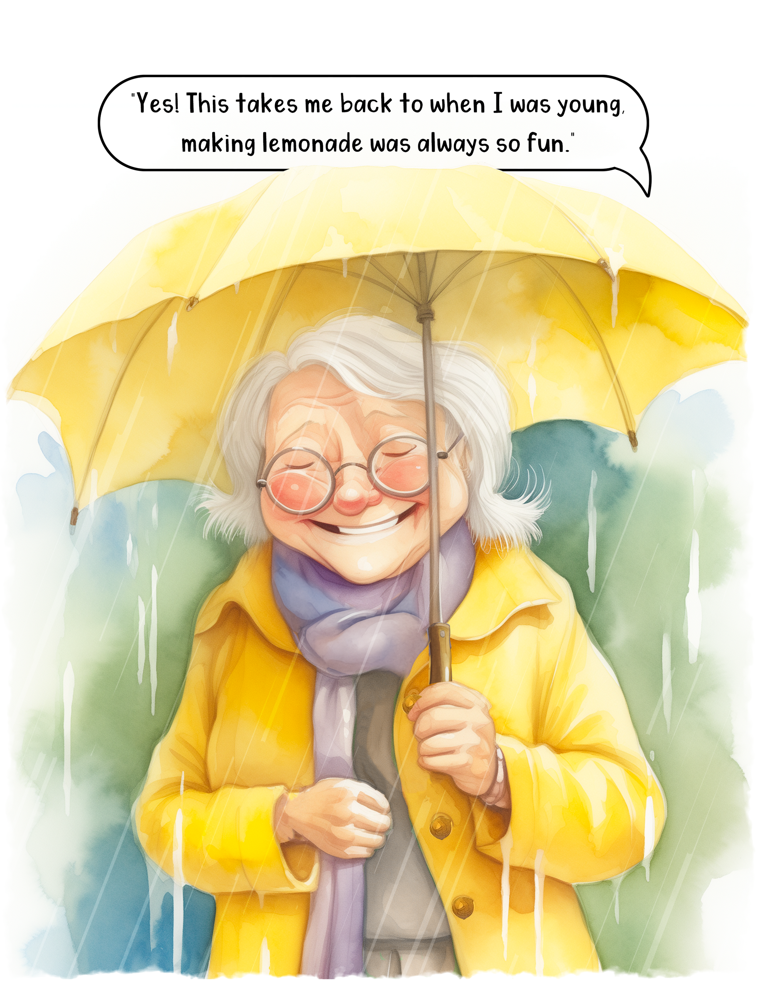 Illustration of an elderly woman smiling under a yellow rain umbrella, wearing glasses and a yellow raincoat, with raindrops falling around her.