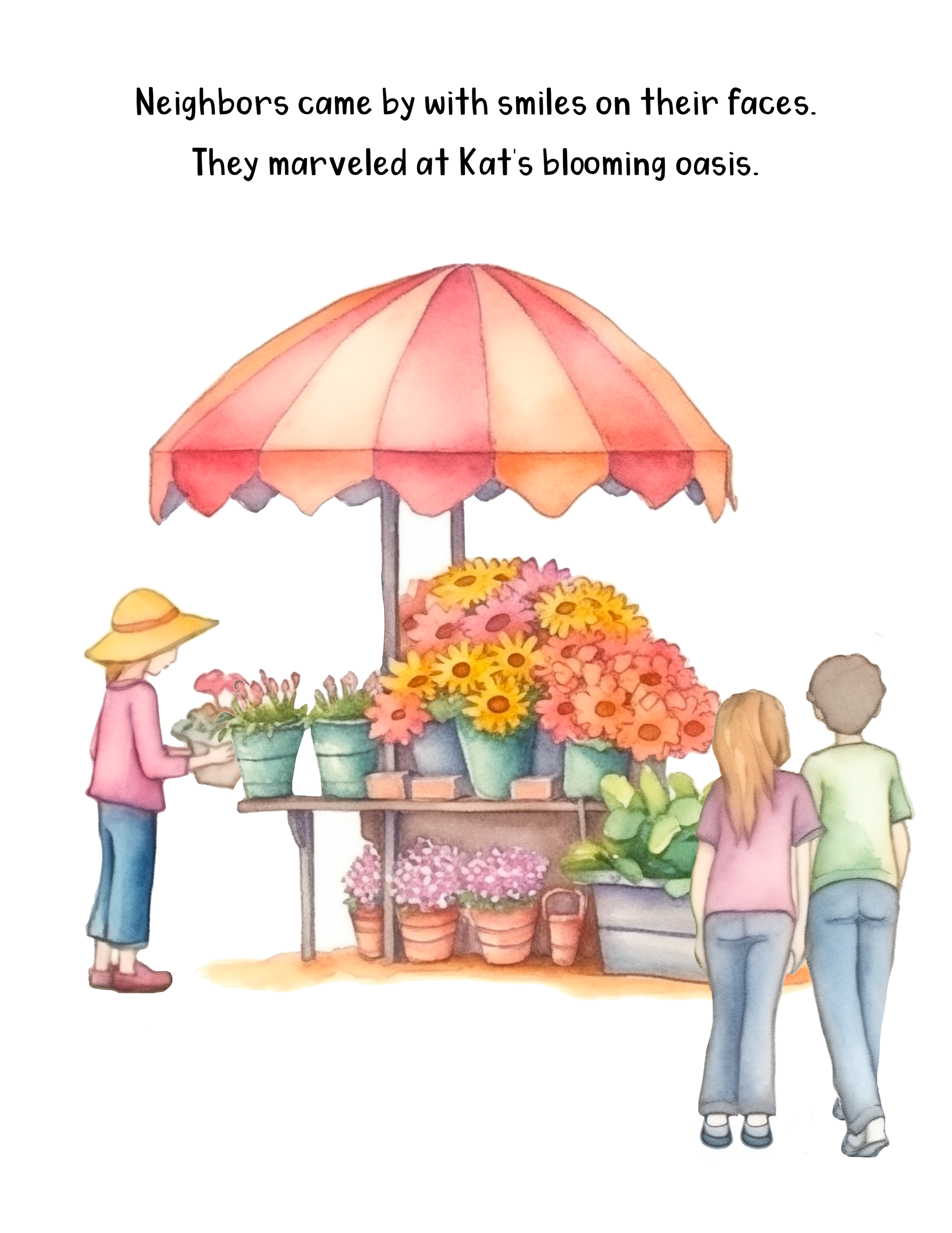 A watercolor illustration of people at a flower stand with an umbrella, flowers in pots, and people in casual clothing.