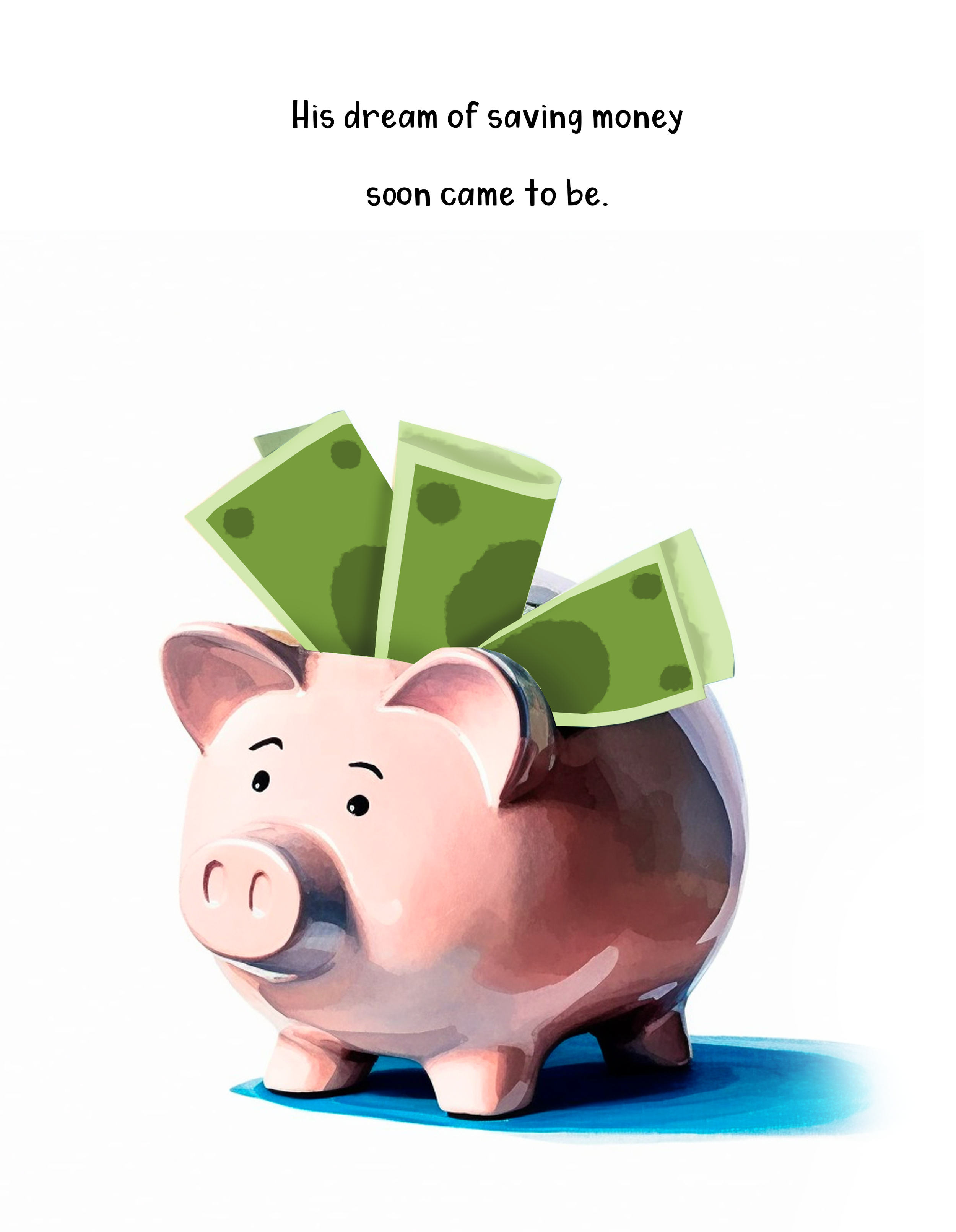 Cartoon piggy bank with a smiling face, standing on a blue surface, with cartoon dollar bills sticking out of its top, representing savings money.