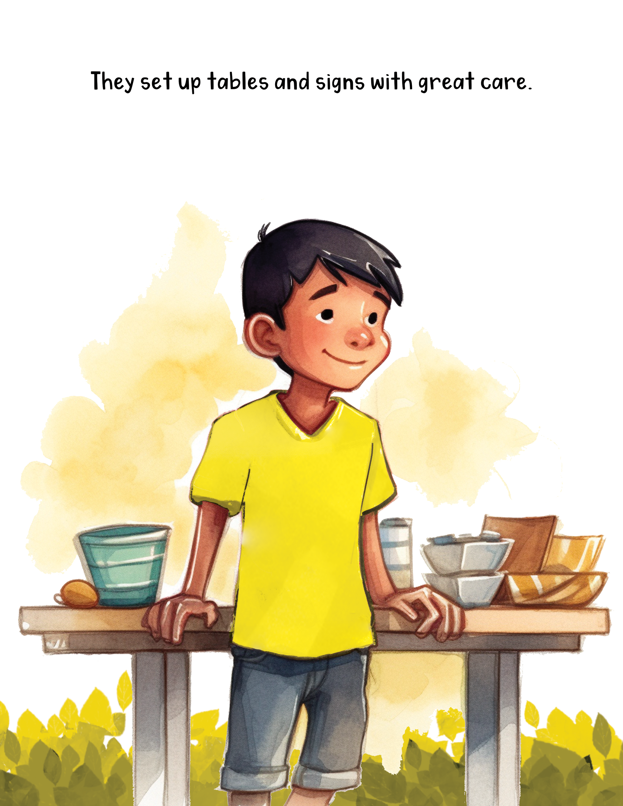 A boy standing at a picnic table with various stacked and labeled bowls and cups on it, outdoors surrounded by green foliage, with a message above saying they set up tables and signs with great care.