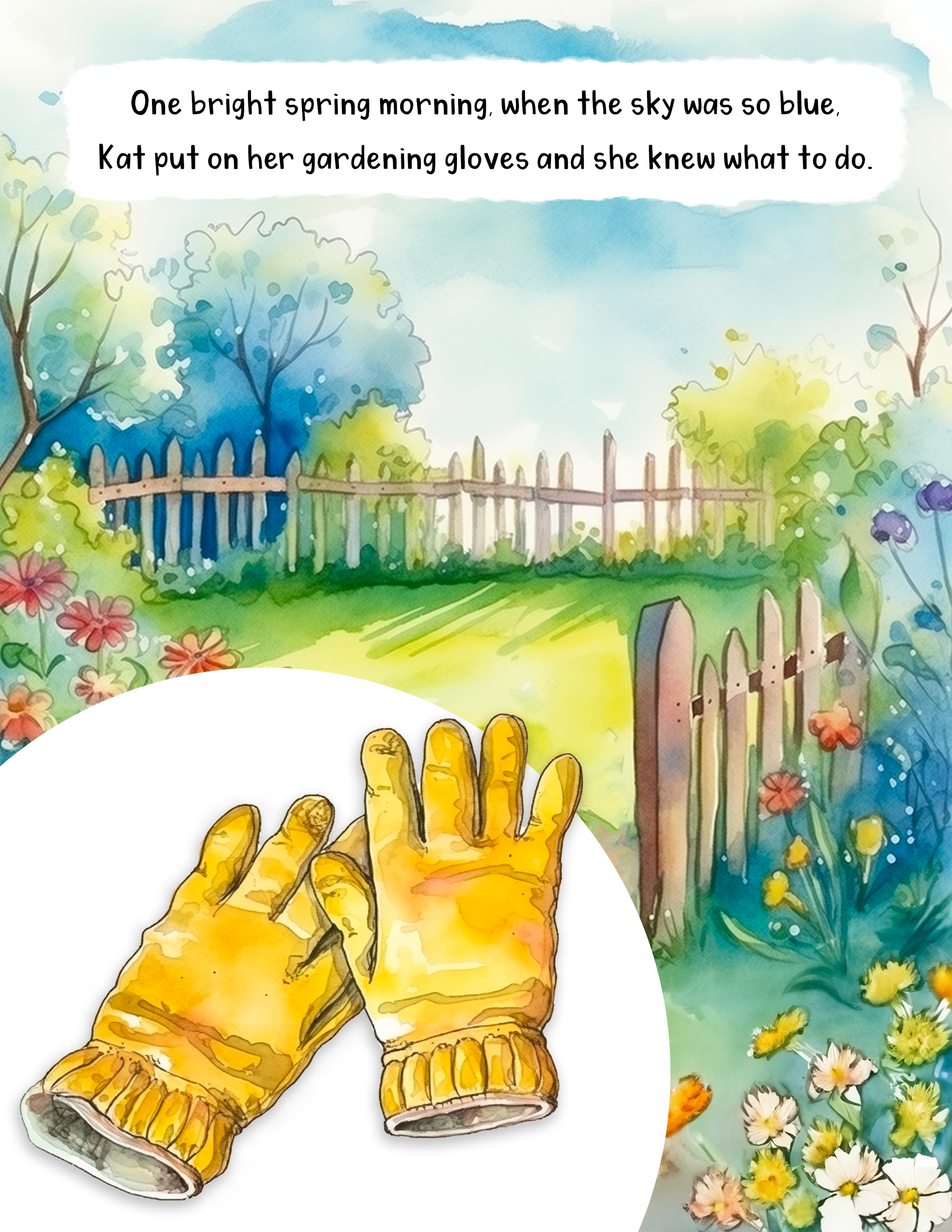 A watercolor illustration of a spring scene with a wooden fence, colorful flowers, green grass, and trees in bloom. The sky is bright blue with some cloud-like formations. There is a quote inside a white, torn-paper style overlay that says, 'One brig