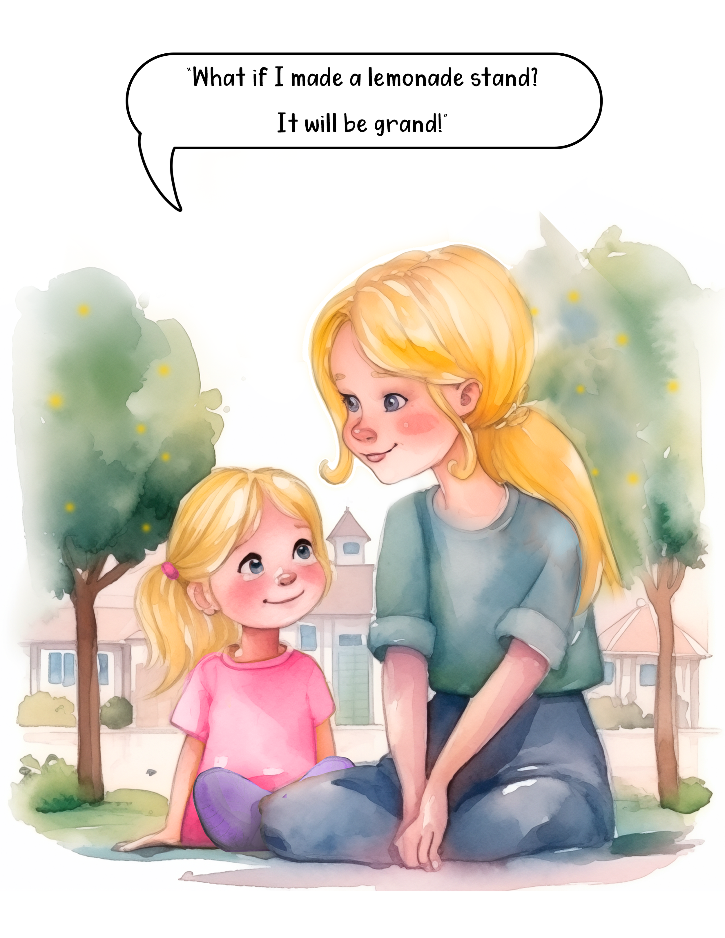 A watercolor illustration of a woman and a young girl outdoors, sitting on the grass, with trees and houses in the background. The woman has blonde hair, is wearing a teal top, and is looking at the girl, who has blonde hair tied in a pink bow, is we