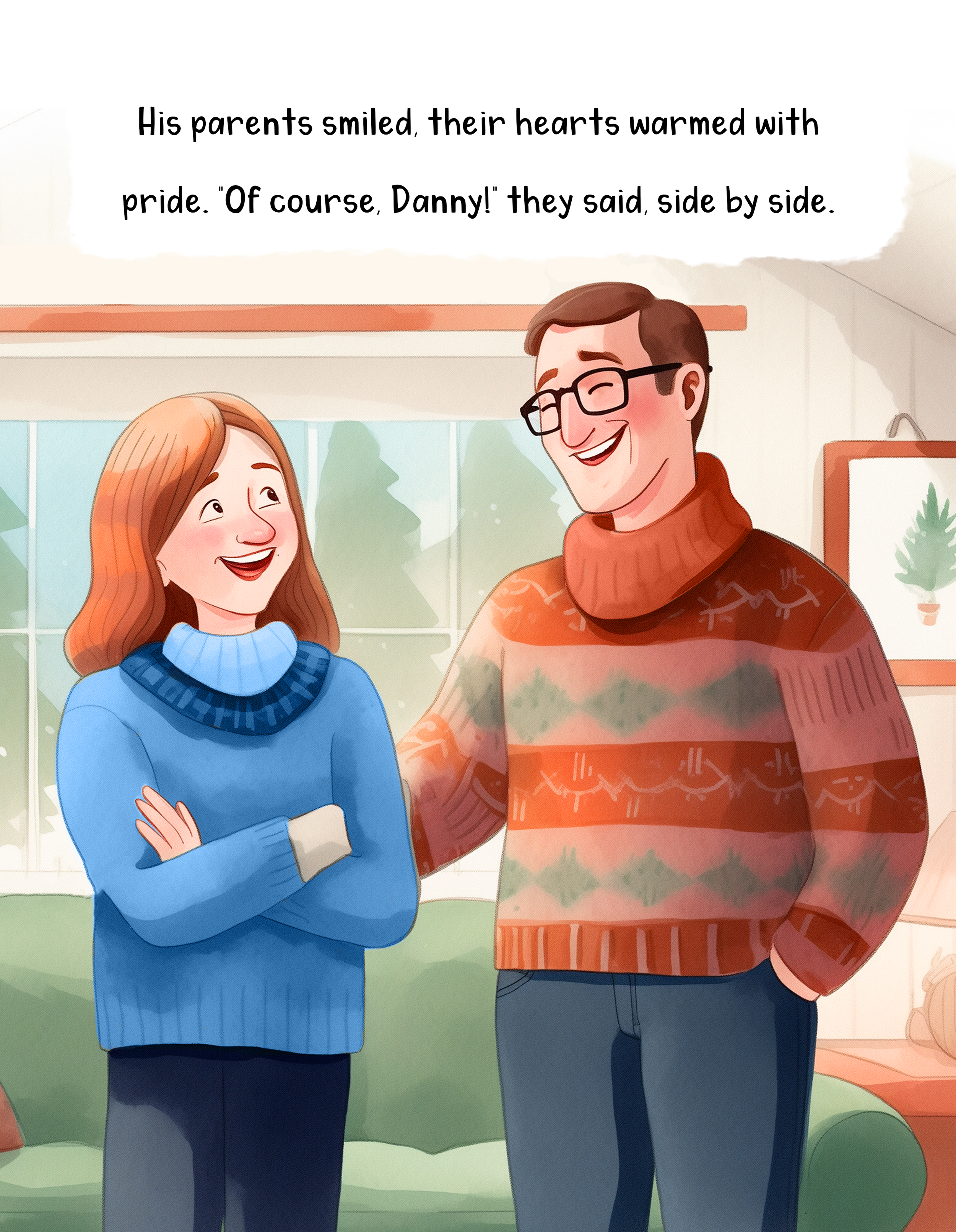 An illustrated scene of a woman and a man smiling and talking inside a cozy room with large windows, digital art style.