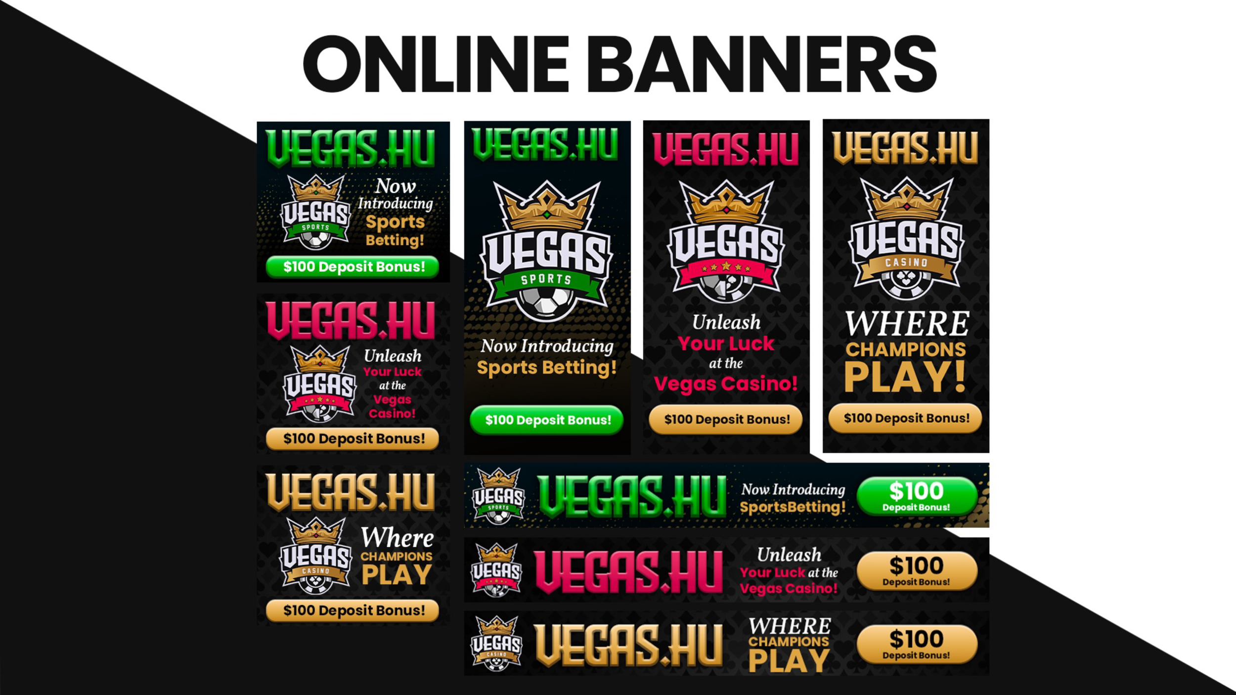 Multiple online banners for Vegas sports and casino promotions, featuring the URL Vegas.hu, with text about sports betting, casino games, and deposit bonuses.