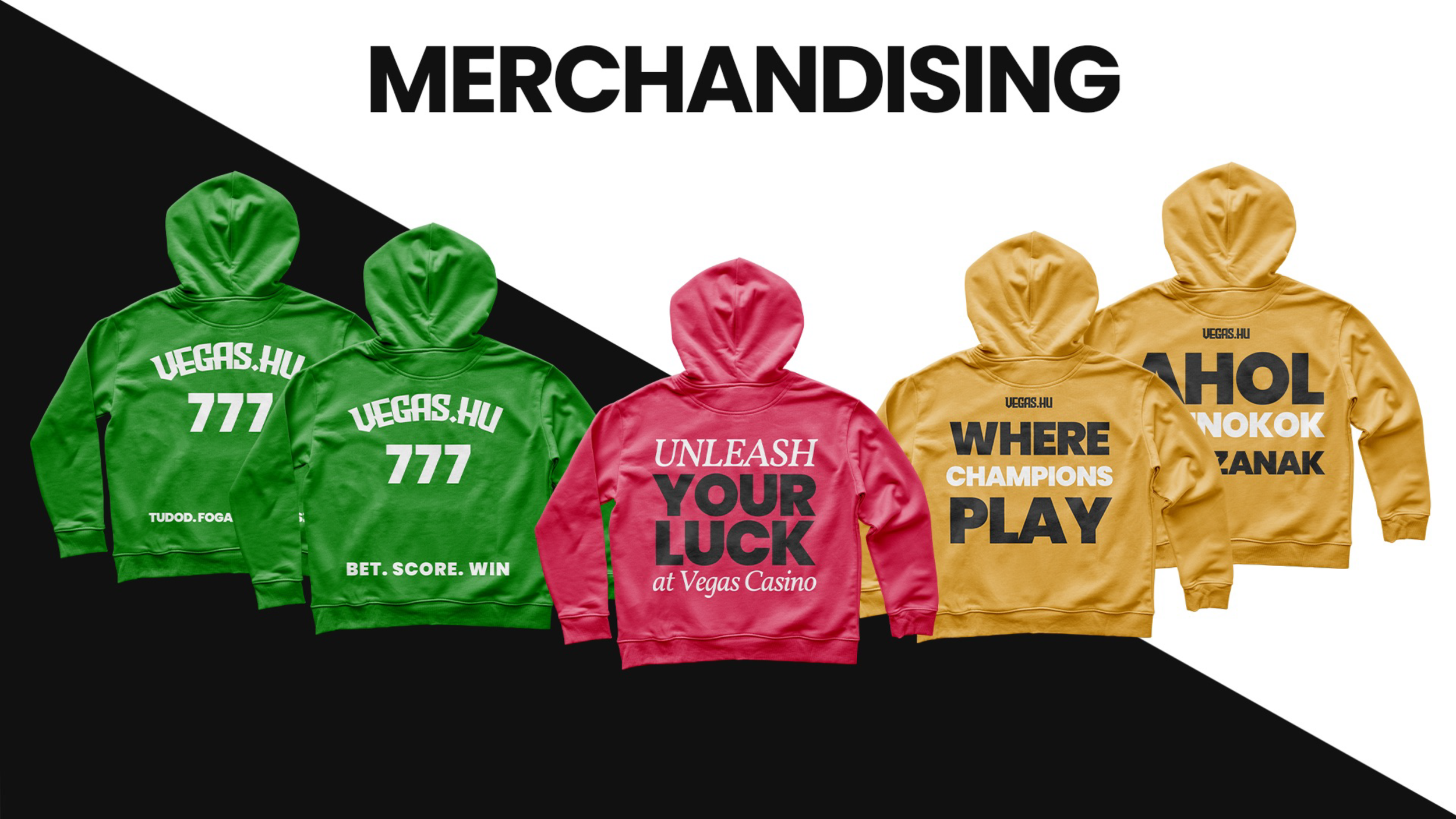 Colorful hoodies displayed side by side with various slogans on the back, promoting merchandise for Vegas.hu, with black and white background.
