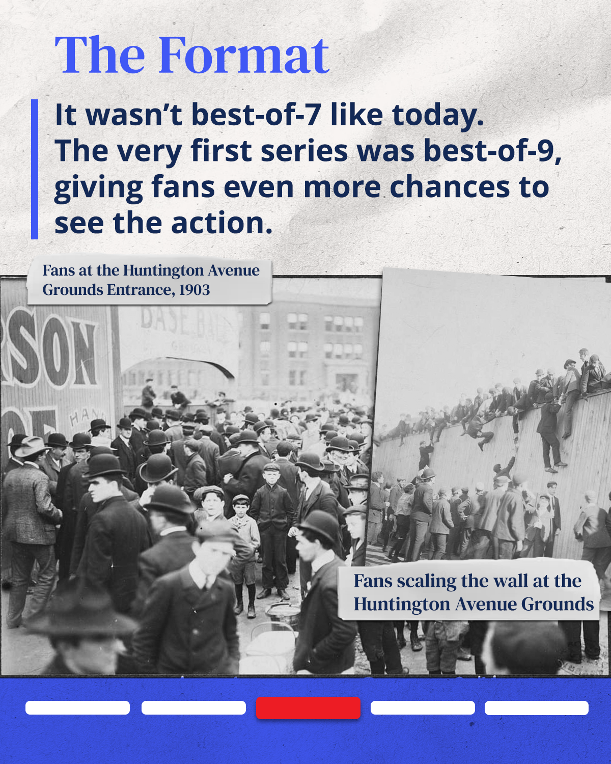 Black and white photograph of fans scaling a wall at the Huntington Avenue Grounds in 1903, with many people climbing and others watching.