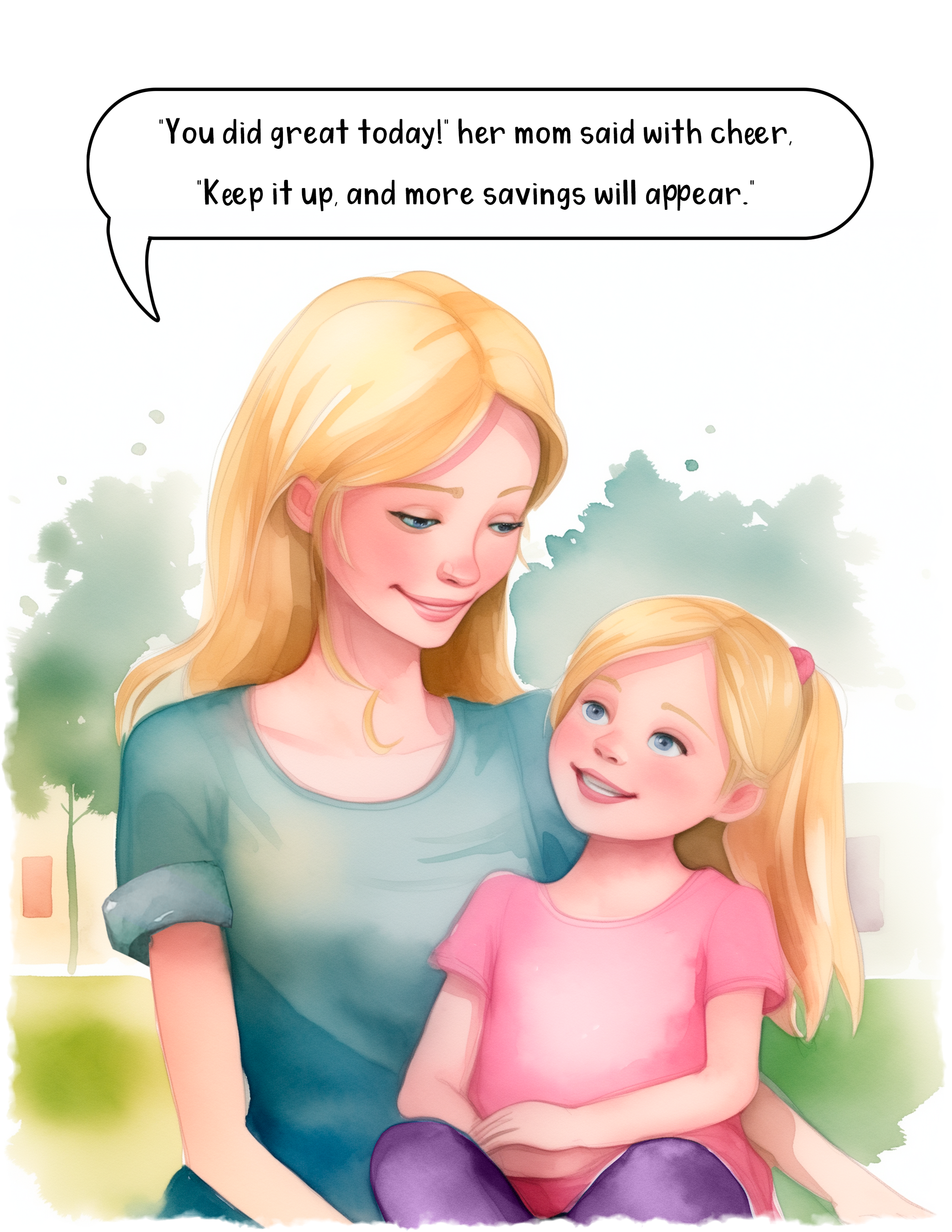 A woman with long blonde hair and a girl with blonde hair sitting outdoors with trees in the background. The woman is smiling and looking at the girl. The girl is smiling and looking at the woman.