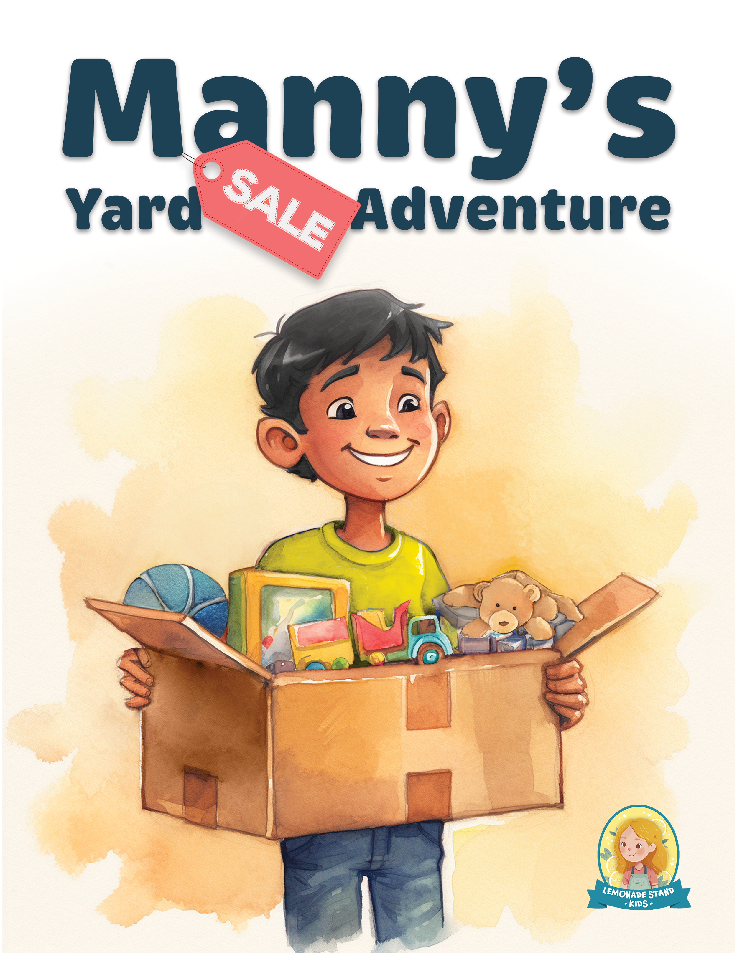 A person holding an open cardboard box filled with toys including a train, a teddy bear, and a ball.