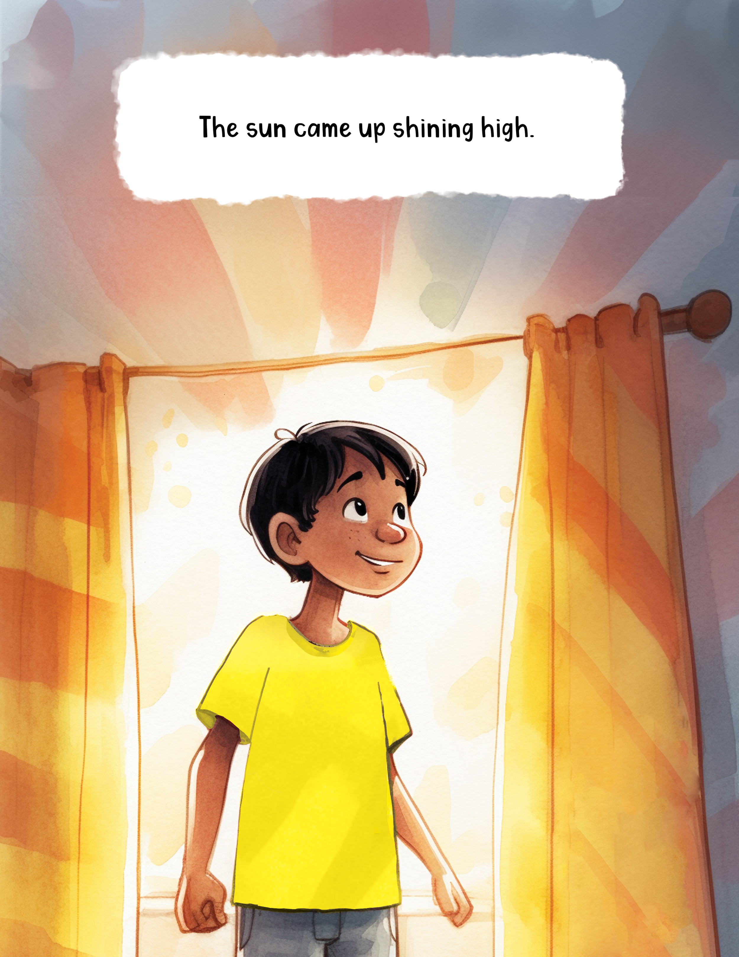 A young boy with short dark hair and a brown skin tone, wearing a bright yellow shirt and gray pants, stands in front of a window with orange curtains. The sun shines high in the background, illuminating the scene.