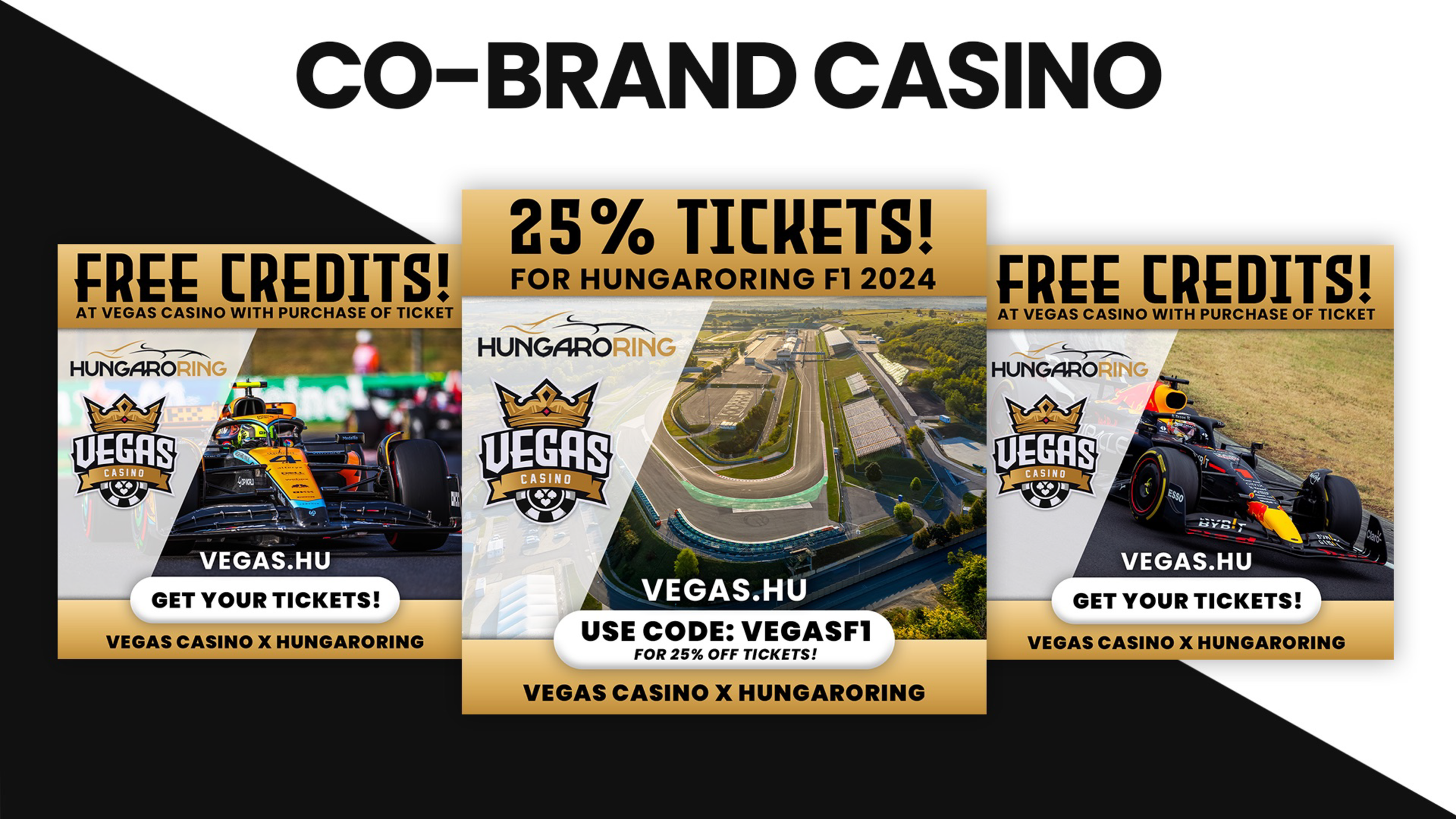 Promotional banner for Hungaroring and Vegas Casino partnership. It advertises 25% discounts on tickets for Hungaroring F1 2024 and free credits at Vegas Casino, with a tag to buy tickets and use discount code VEGASF1. Features images of racing cars and the Budapest race track.