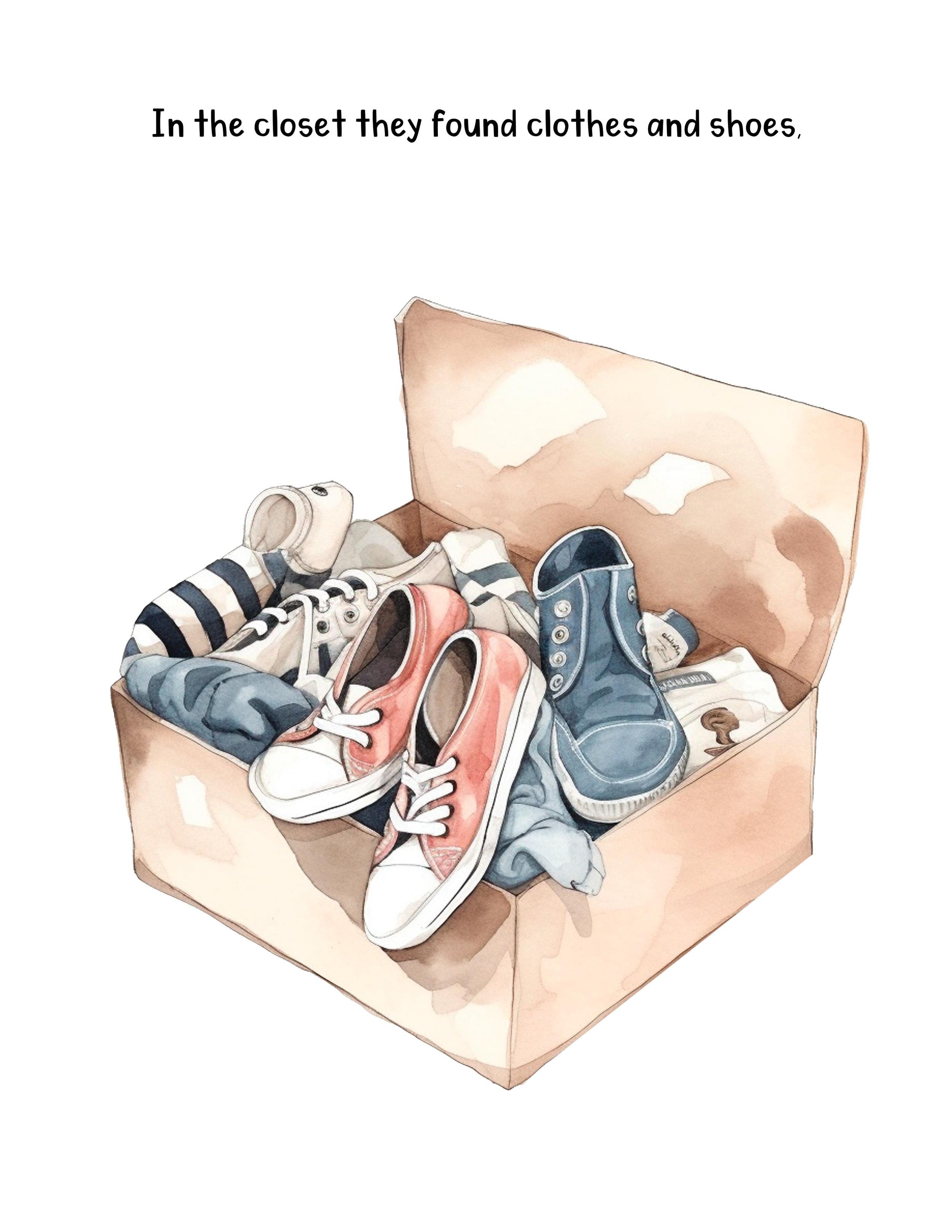 A cardboard box filled with various pairs of sneakers and shoes, with a plain white background.