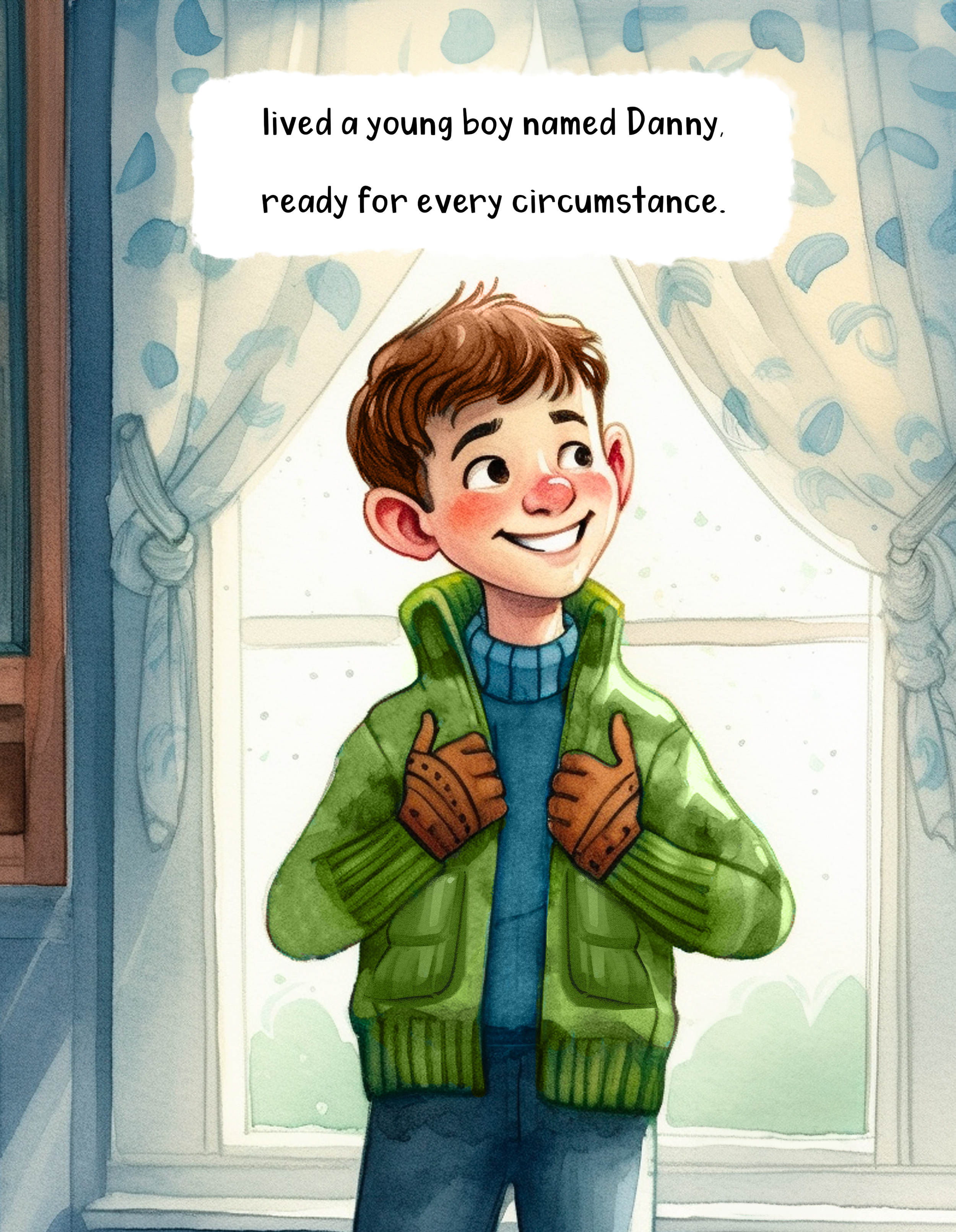 A young boy with brown hair, wearing a green jacket and blue shirt, holding his hands in front of him with his thumbs up, standing in front of a window with light-colored curtains with blue patterns.