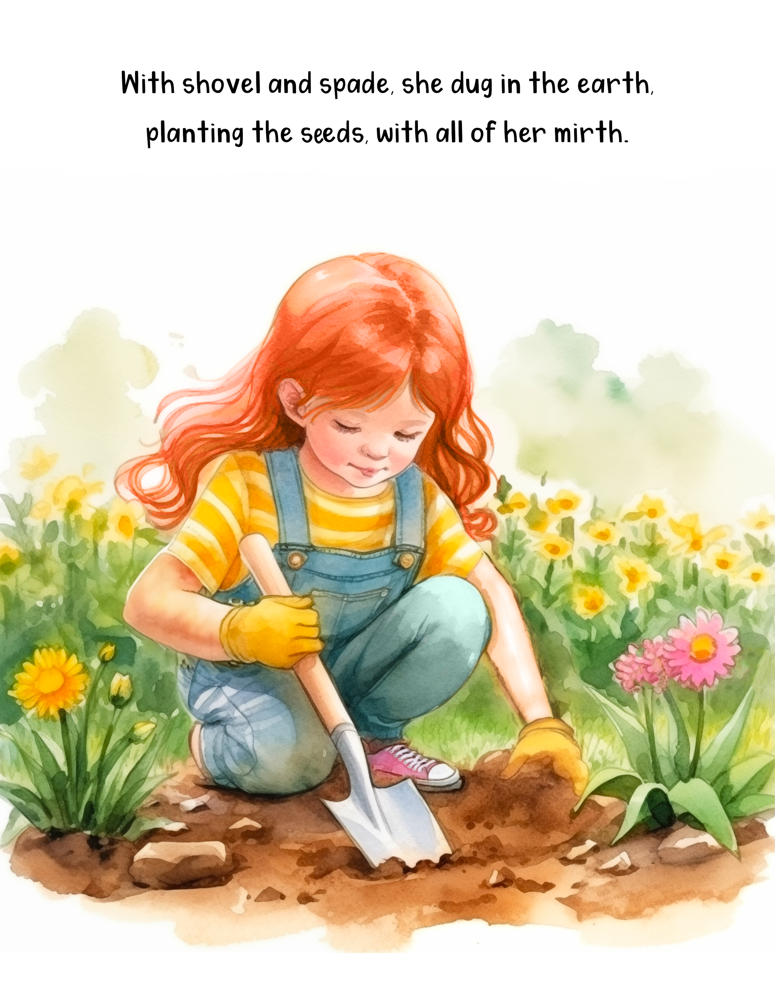 A girl with red hair planting flowers in a garden with a trowel, surrounded by yellow and pink flowers, wearing a yellow and white striped shirt with blue overalls and yellow gloves.