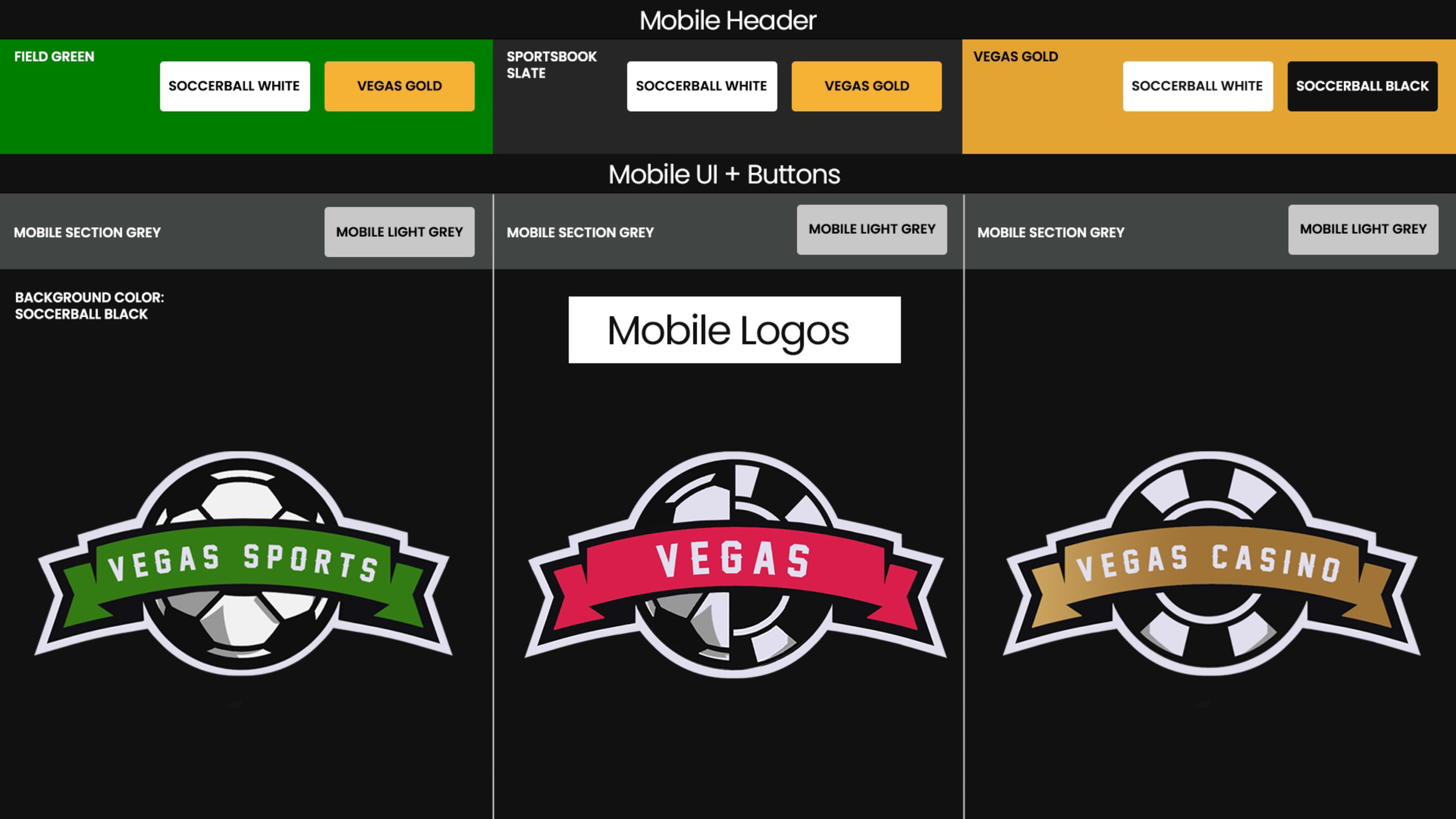 Mobile app interface showing logos for Vegas Sports, Vegas, and Vegas Casino, with color themes of green, red, and gold respectively, and different header and button styles for each section.