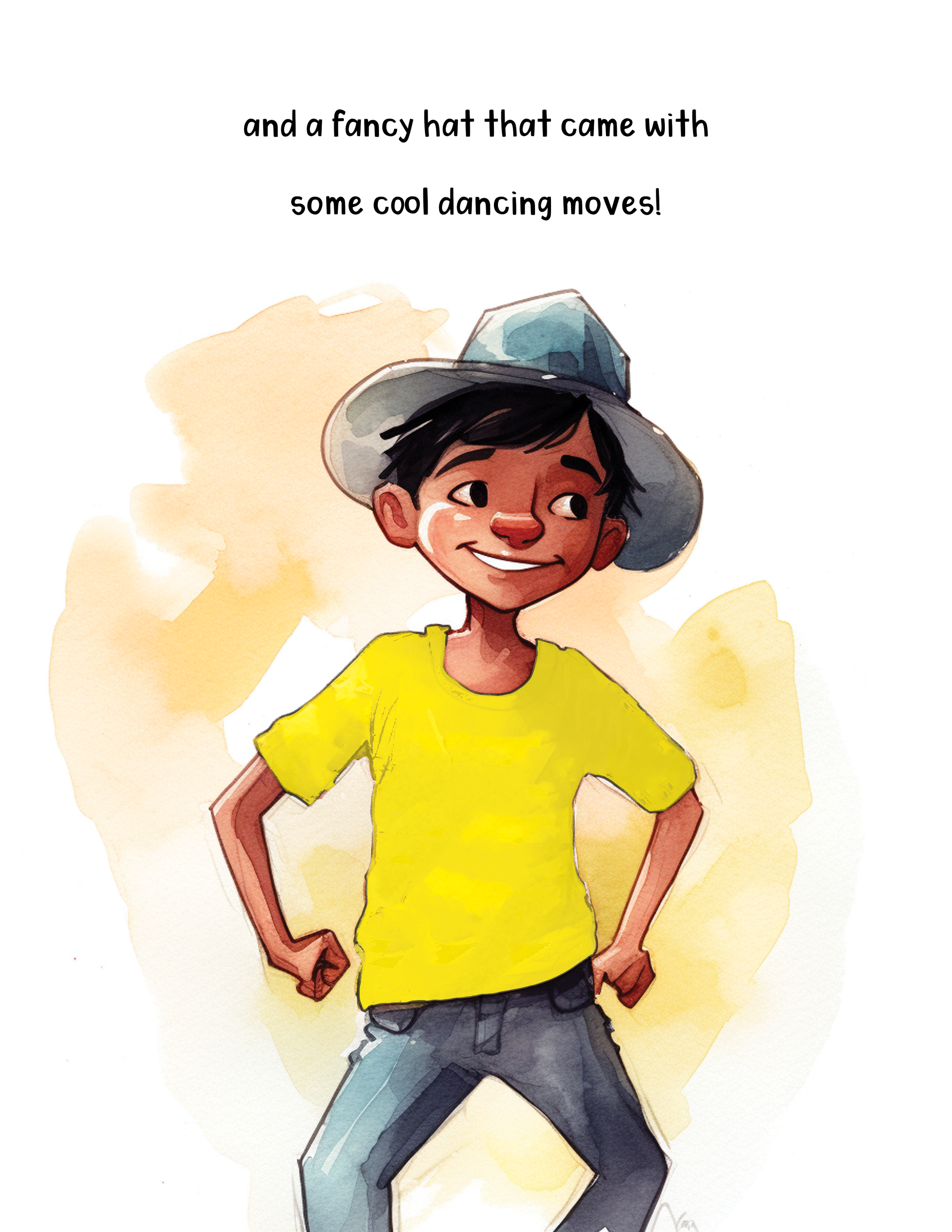 A watercolor illustration of a young boy with dark hair, smiling, wearing a gray hat with a blue band, a yellow T-shirt, and gray pants, standing with hands on hips against a light yellow watercolor background.