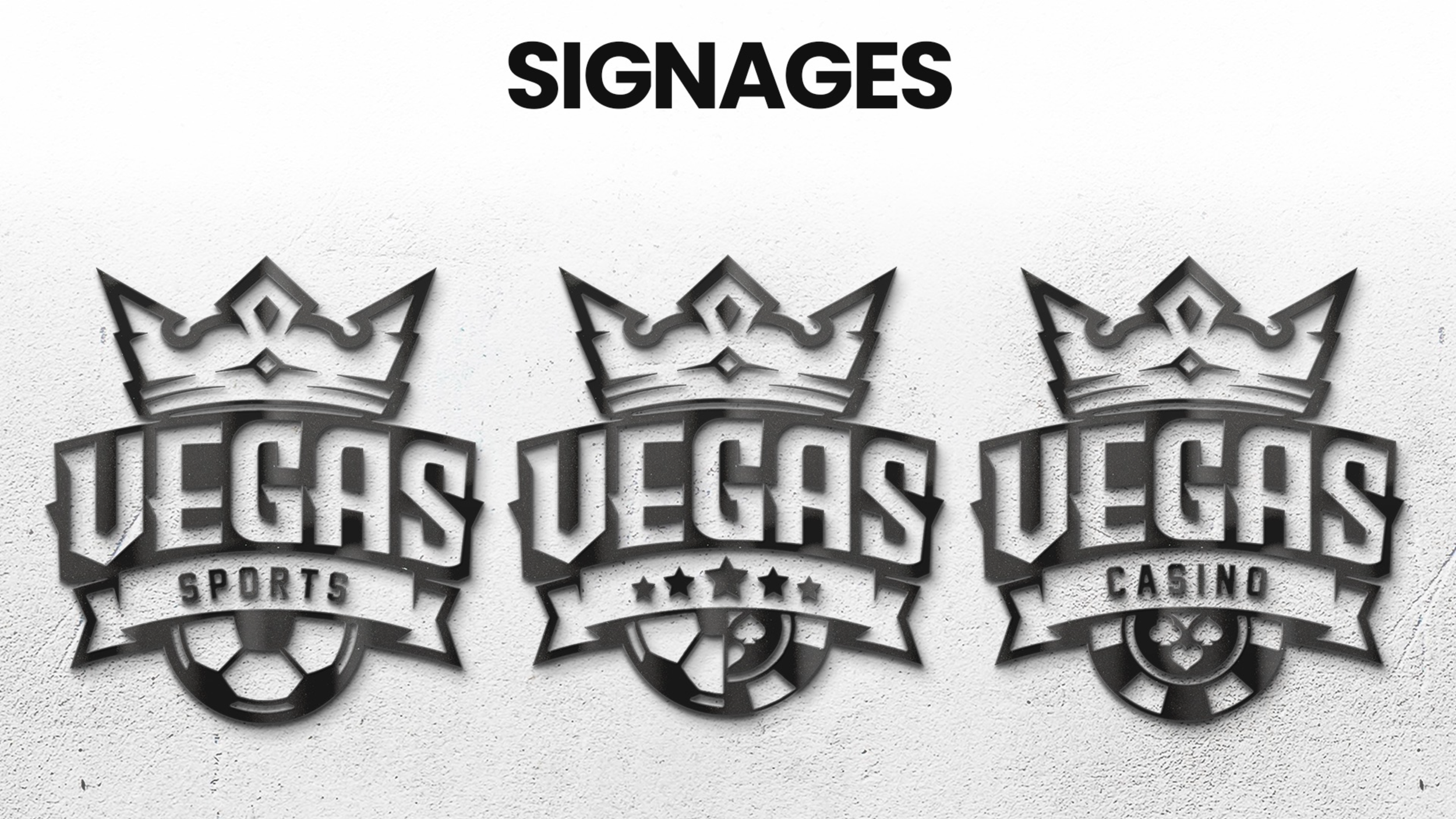 Black and white signage decals for a sports and casino brand featuring a crown above the stylized text, multiple stars below, on a textured white wall.