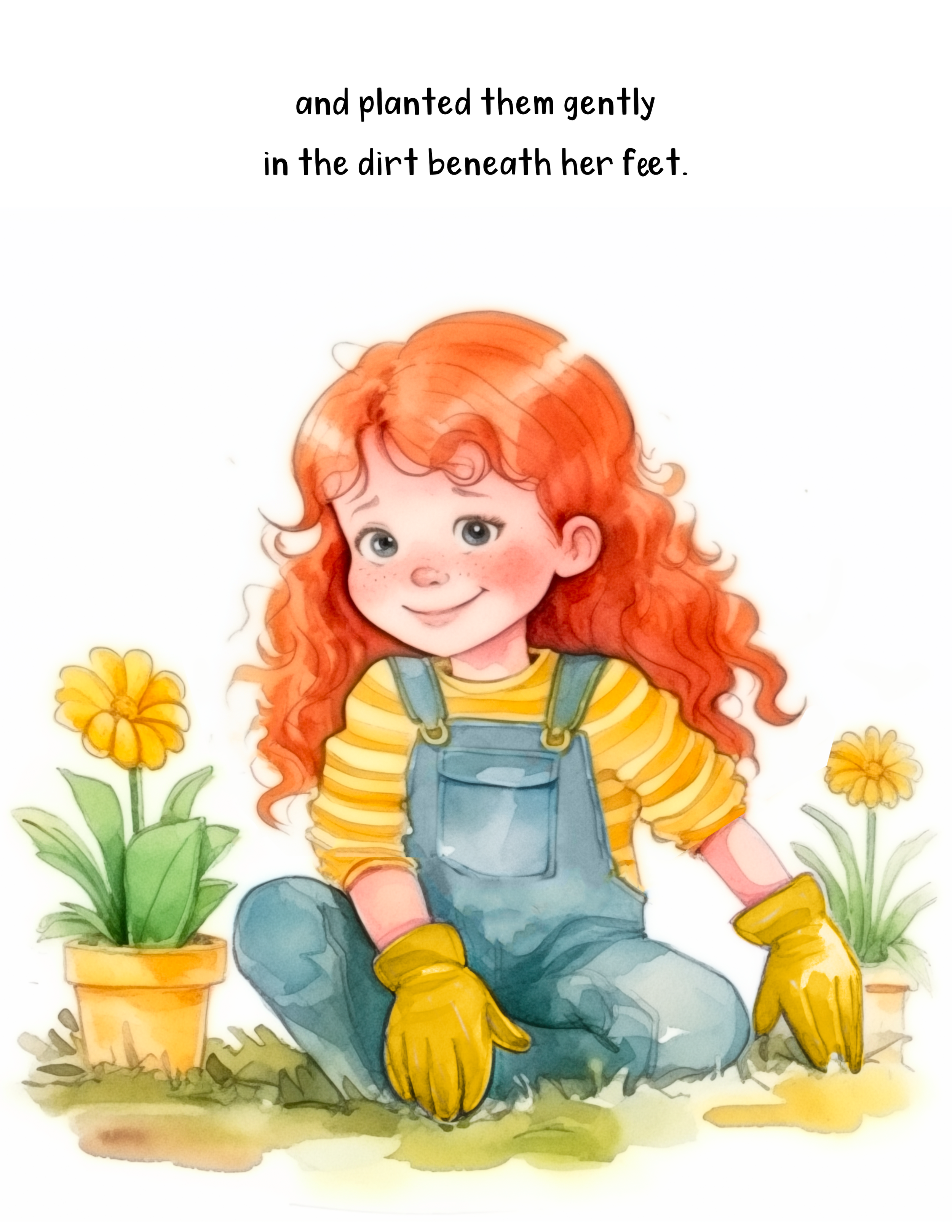 A young girl with red curly hair, wearing yellow gloves, a yellow striped shirt, and denim overalls, is sitting on the ground surrounded by gardening pots and yellow flowers.
