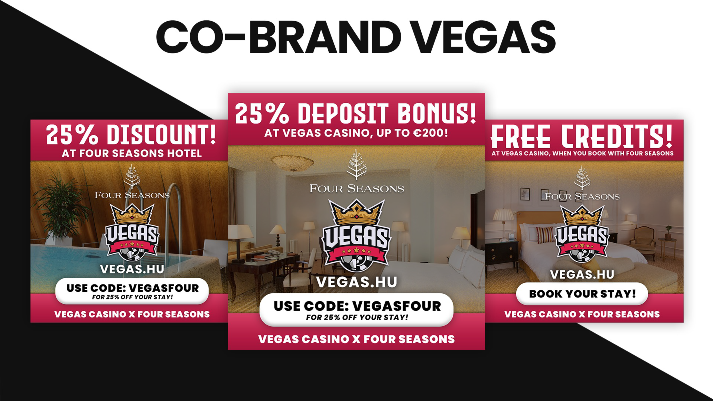 Promotional graphic for Vegas casino offers by Four Seasons, featuring images of hotel rooms and amenities, with discounts, deposit bonuses, and free credits, along with promotional codes.