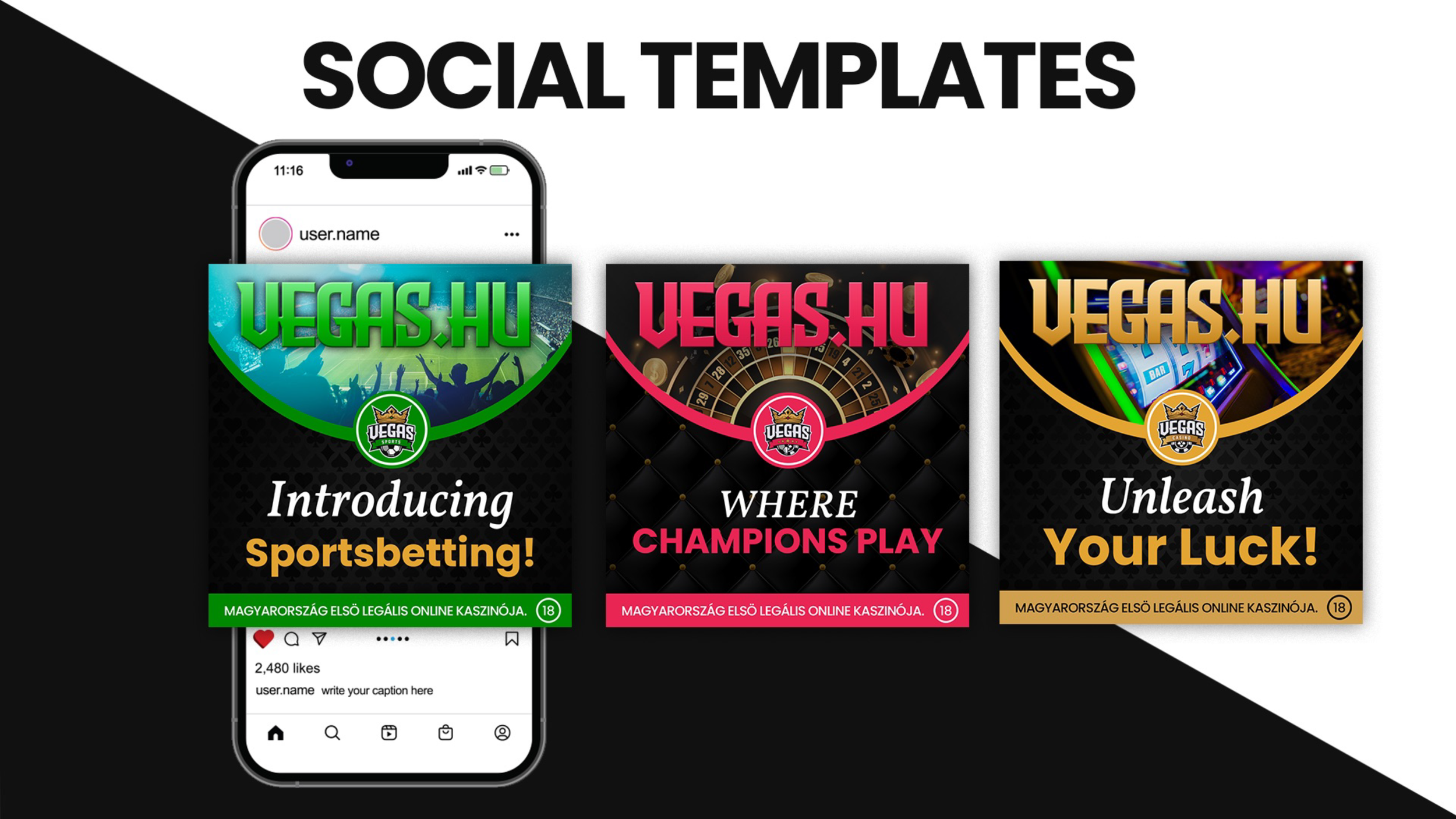 Promotional digital graphic advertising social media templates for gambling, featuring a smartphone mockup and three banner designs with text: 'Introducing Sportsbetting!', 'WHERE CHAMPIONS PLAY', and 'Unleash Your Luck!', with logos and colorful backgrounds.