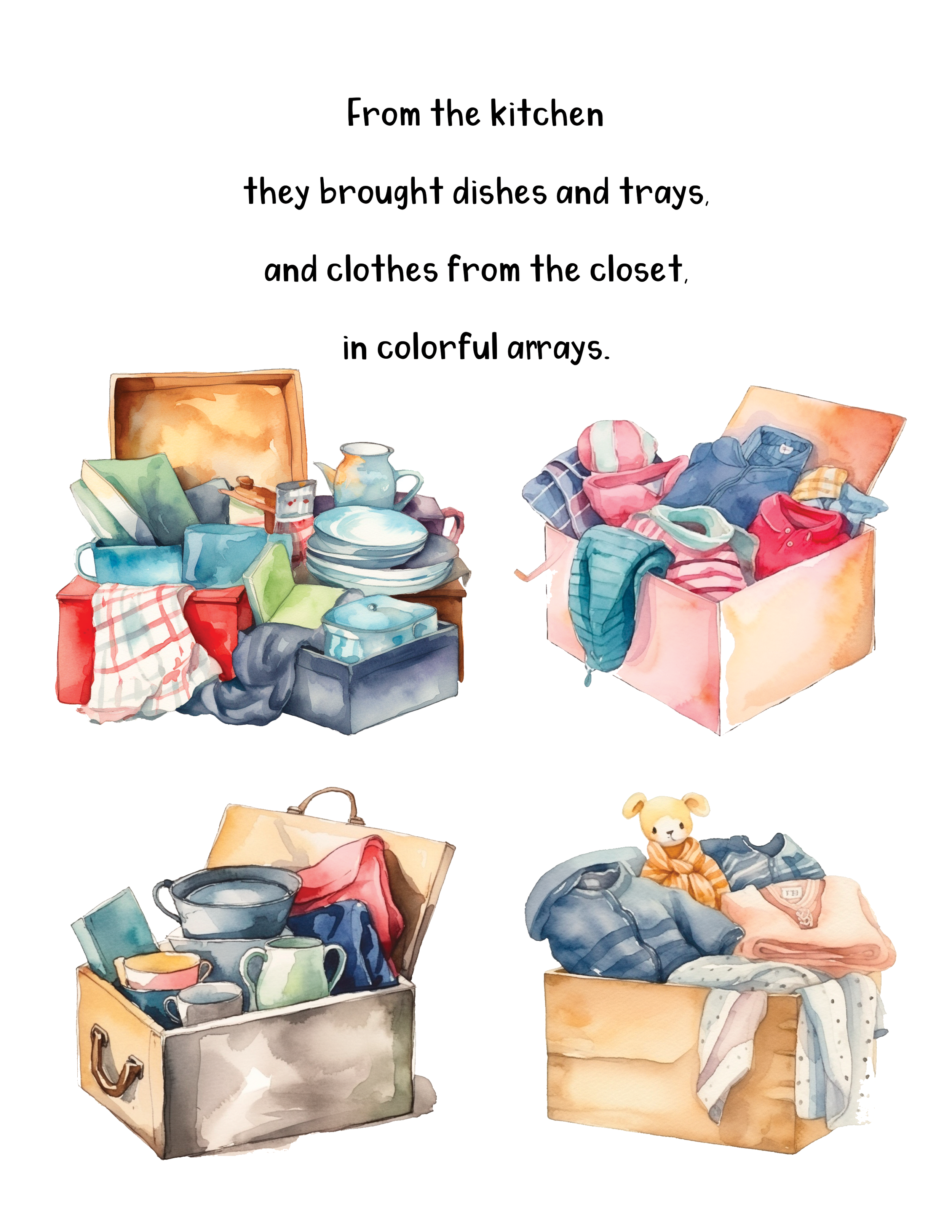 Four illustrations of open boxes filled with scattered household items like dishes, clothes, mugs, and a teddy bear. Each box has a different theme and surrounding items.