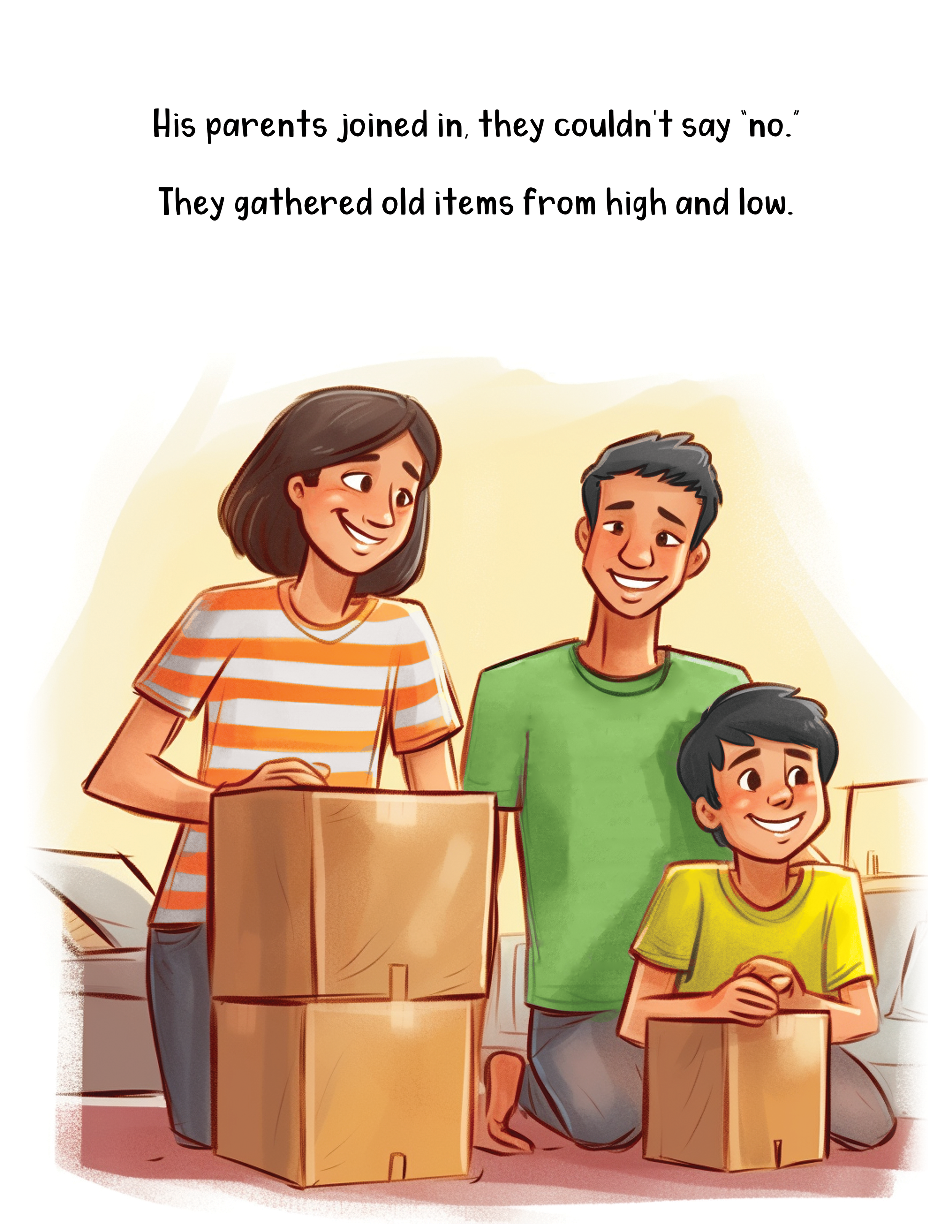 A family of four with two boys and their parents standing together, unpacking boxes and packing up belongings.