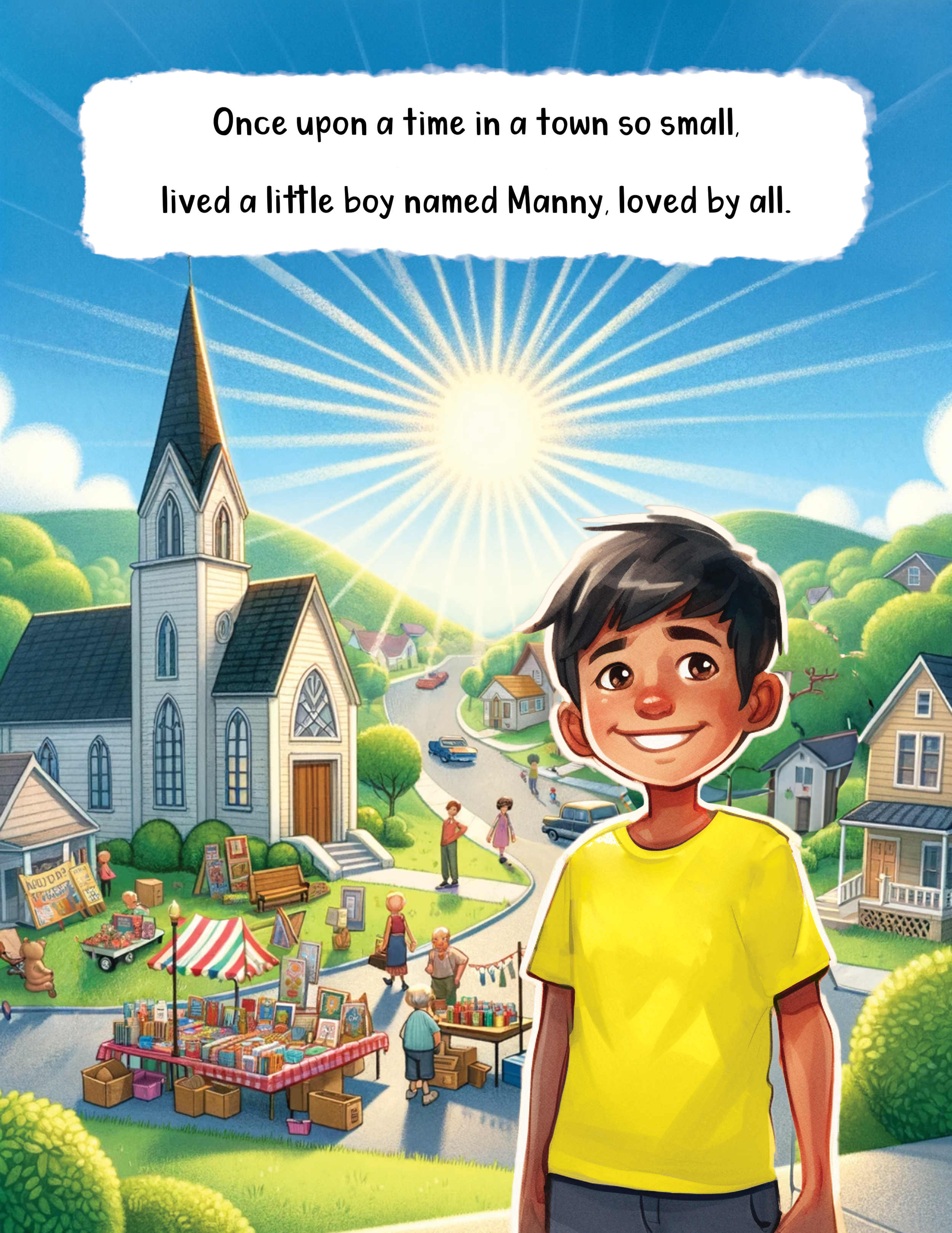 A boy standing with a smile in front of a small town scene during a lively outdoor fair or market with booths and people, surrounded by green hills and a bright sky with the sun shining.