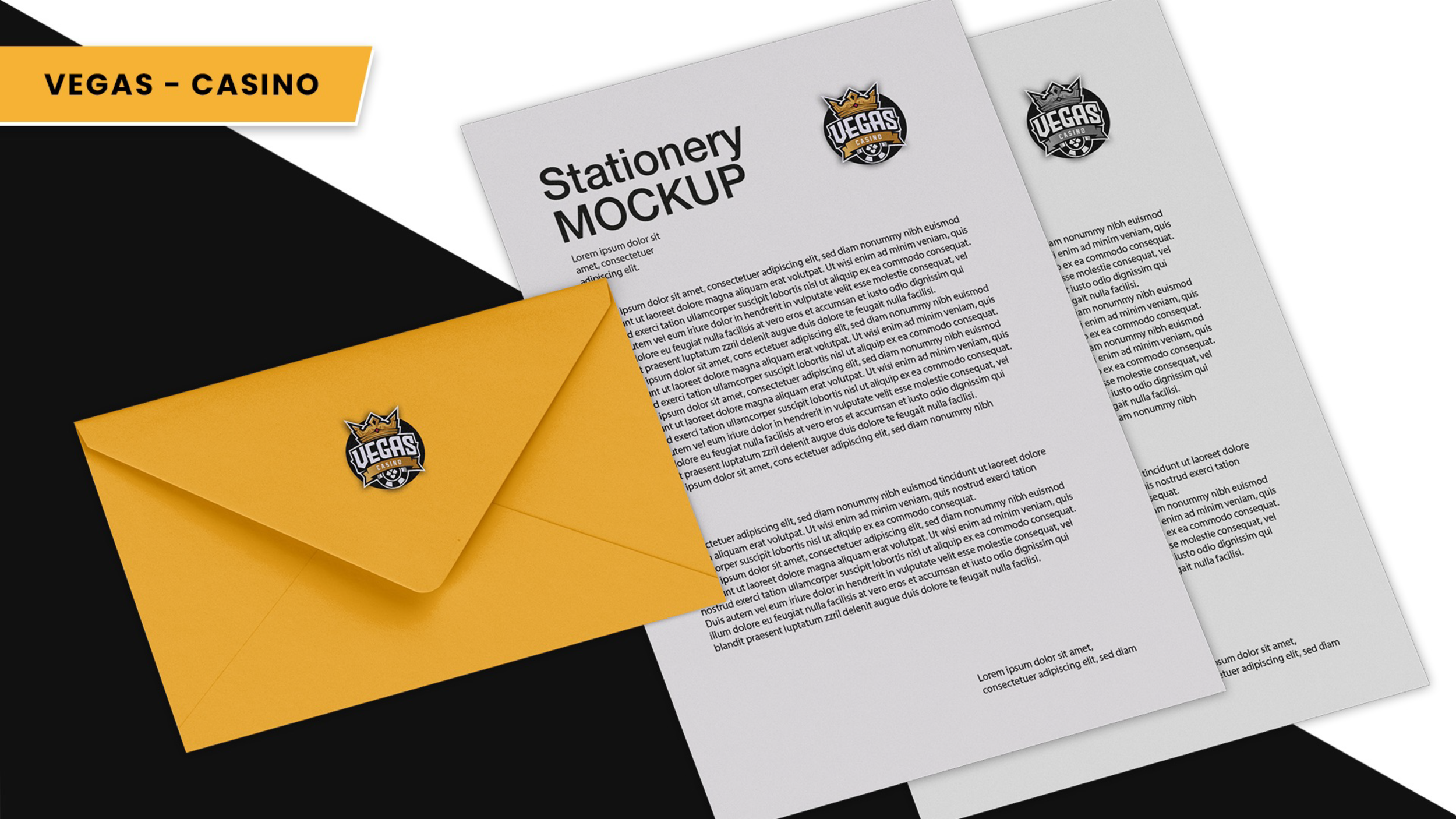 Mockup of stationery items including an envelope with a Las Vegas casino logo, two sheets of paper with placeholder text, and a header indicating 'Vegas - Casino' in black and yellow.