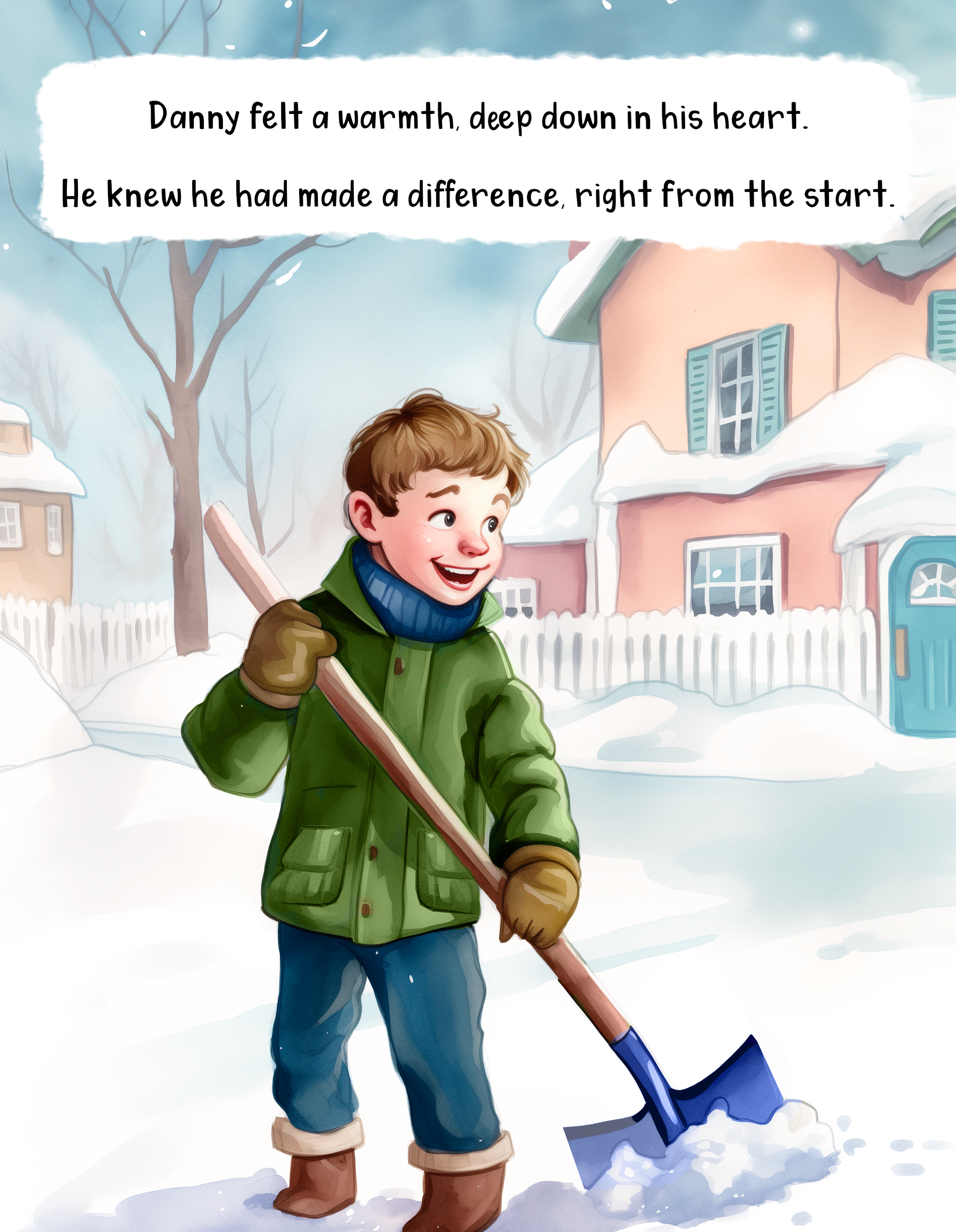 A young boy dressed in a green winter jacket, blue jeans, and brown boots walking in a snowy neighborhood with houses and trees. He is smiling and holding a shovel.