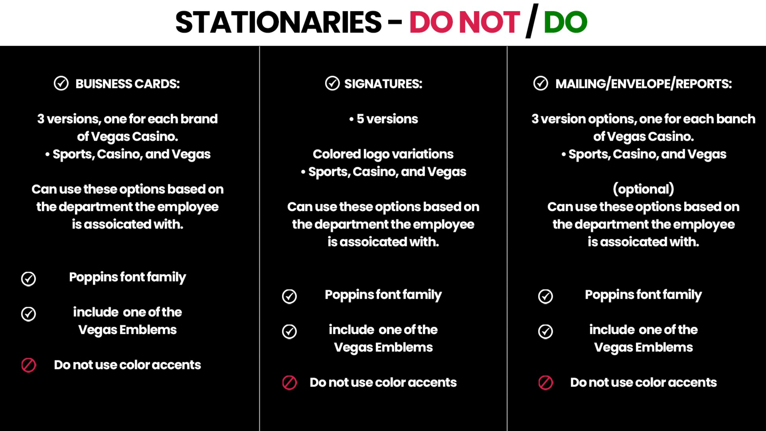 Comparison chart titled 'Stationaries - Do Not / Do' with three columns detailing guidelines for business cards, signatures, and mailing/envelope/reports. Each column features checkmarks for recommended practices and red circles for practices to avoid, with specific details about design and branding.