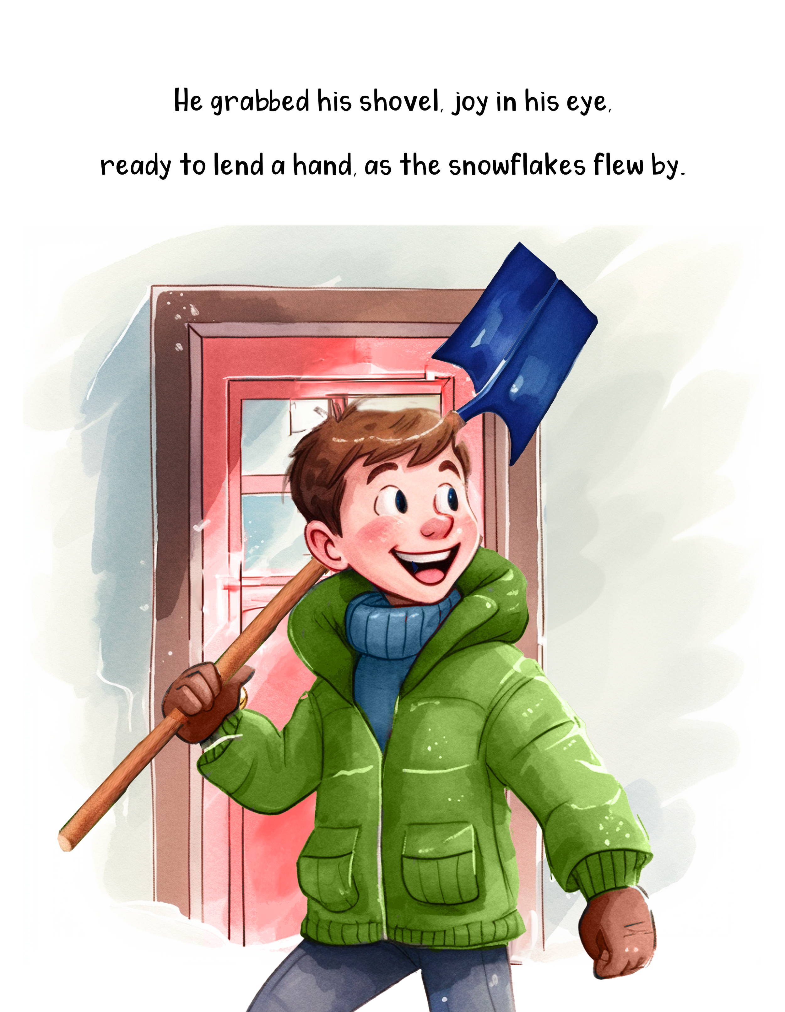 Drawing of a happy boy with brown hair, wearing a green jacket and blue jeans, holding a snow shovel, standing in front of a window with snow and snowflakes around.