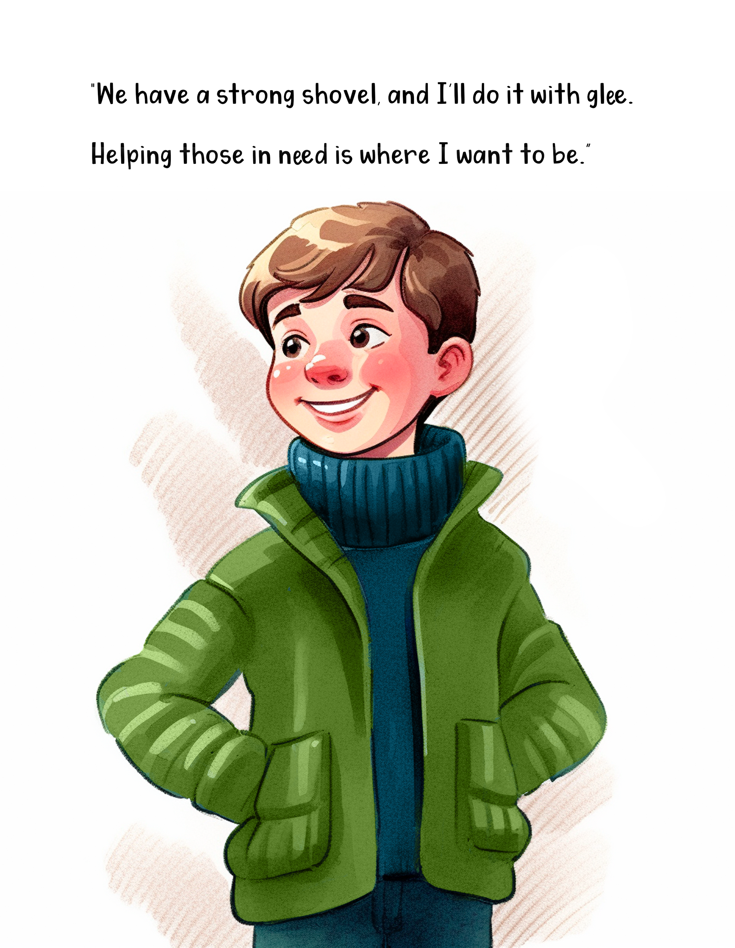 An illustration of a young boy with brown hair, wearing a green jacket and a blue turtleneck sweater, smiling with his hands in his pockets. The background is light with a motivational quote about helping those in need.