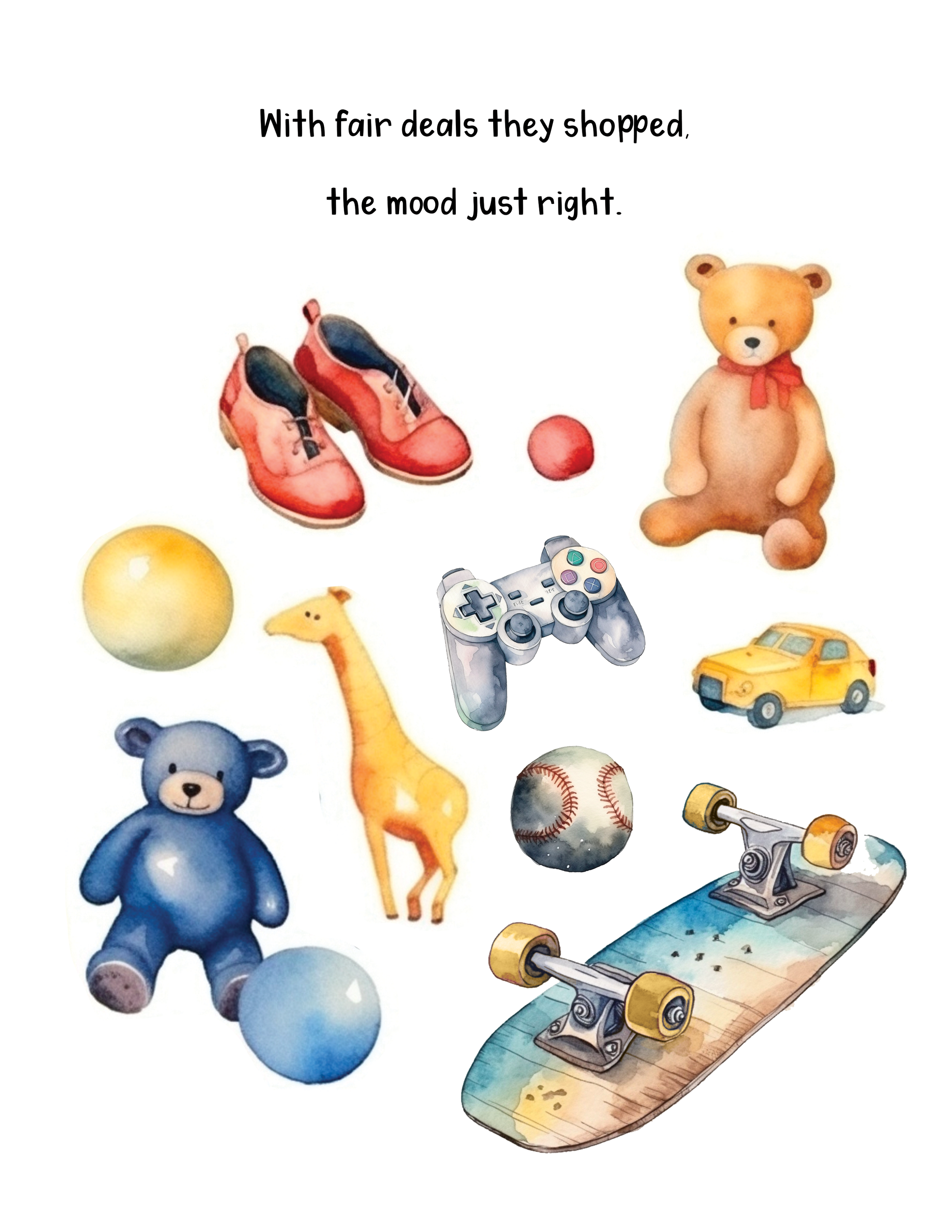 Collection of childhood toys including a red pair of shoes, a yellow ball, a blue teddy bear, a giraffe, a baseball, a yellow toy car, a skateboard, a game controller, a toy motorcycle, and a toy drone.