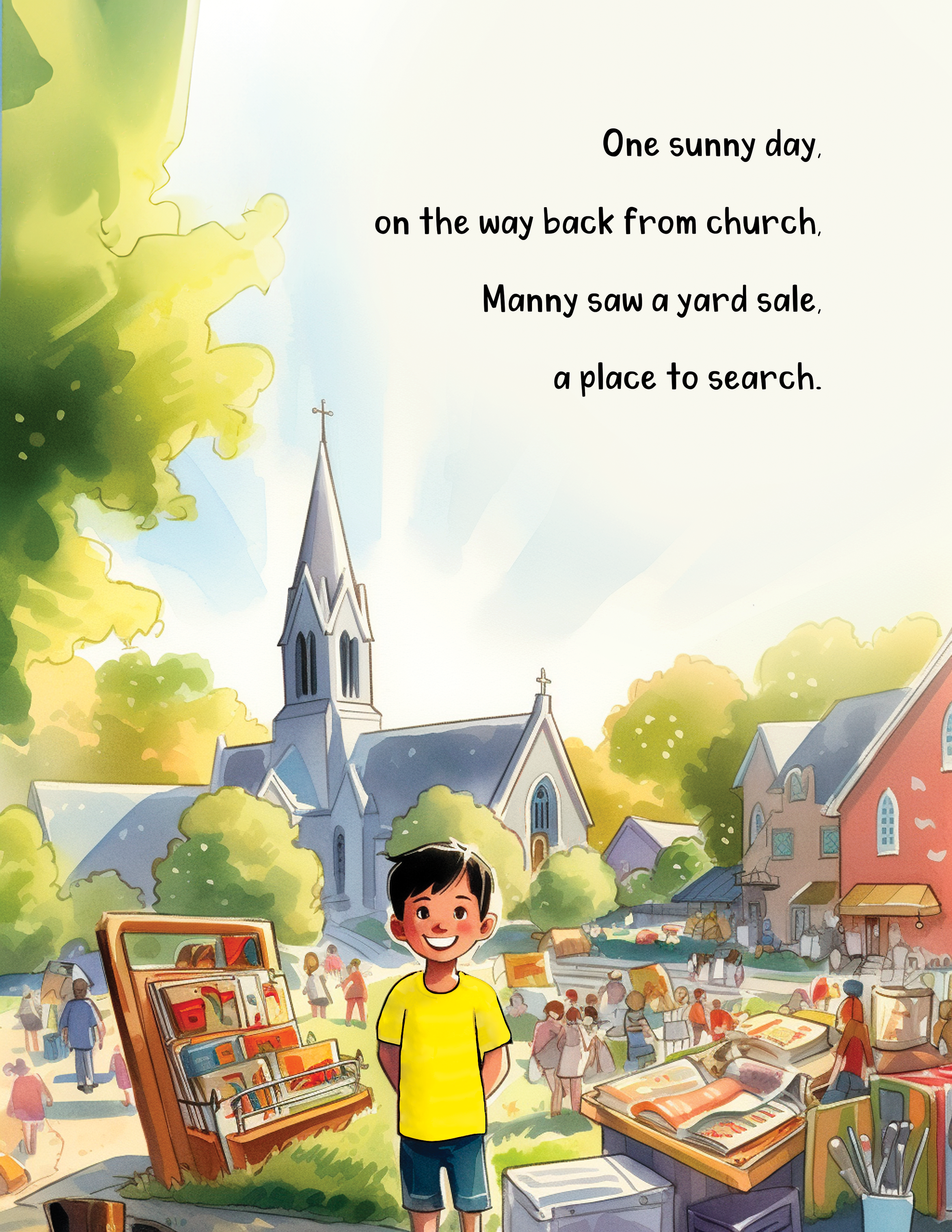 Young boy with a yellow shirt at an outdoor market, surrounded by various items including books and bags, with a church and numerous people in the background.