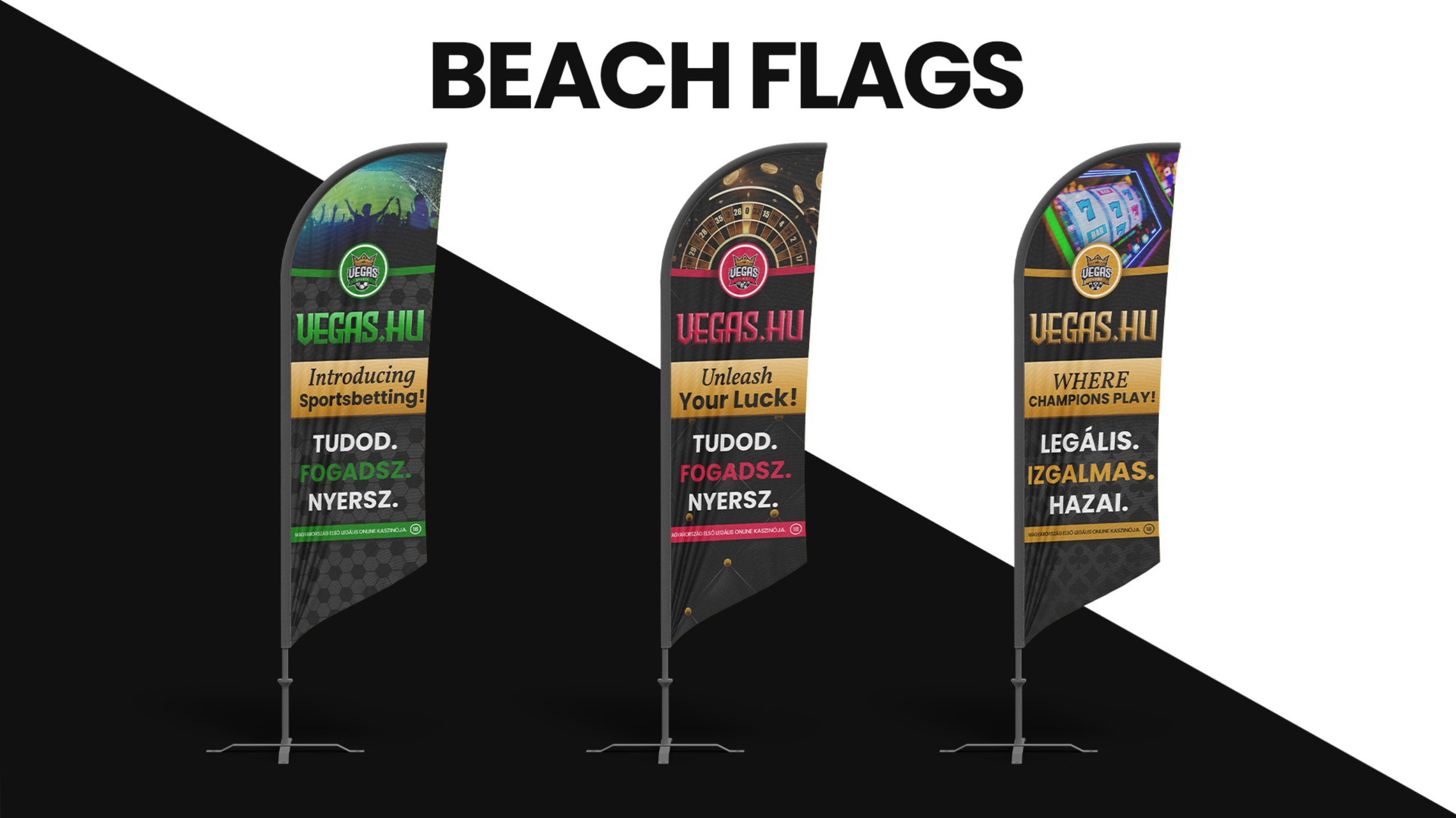 Three vertical beach flags with the word 'VEGAS.HU' and slogans in different languages, featuring colorful graphics of a concert crowd, roulette, and slot machine images.