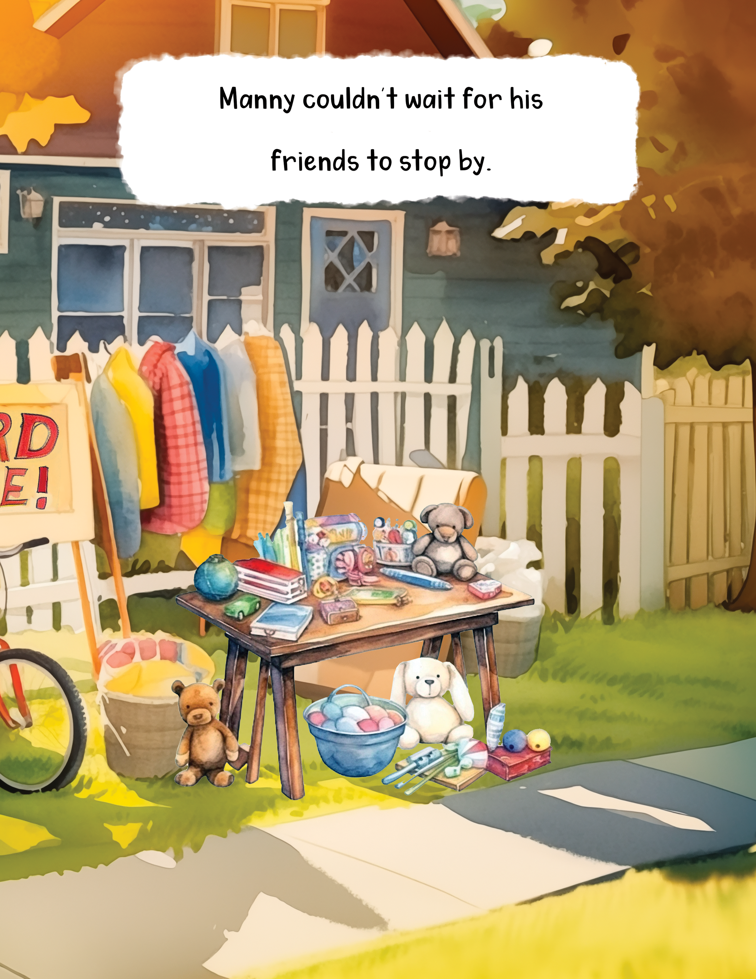 A display table at a yard sale with toys, books, and stuffed animals, with a group of teddy bears and a basket of balls in front, and a house with a white picket fence in the background.